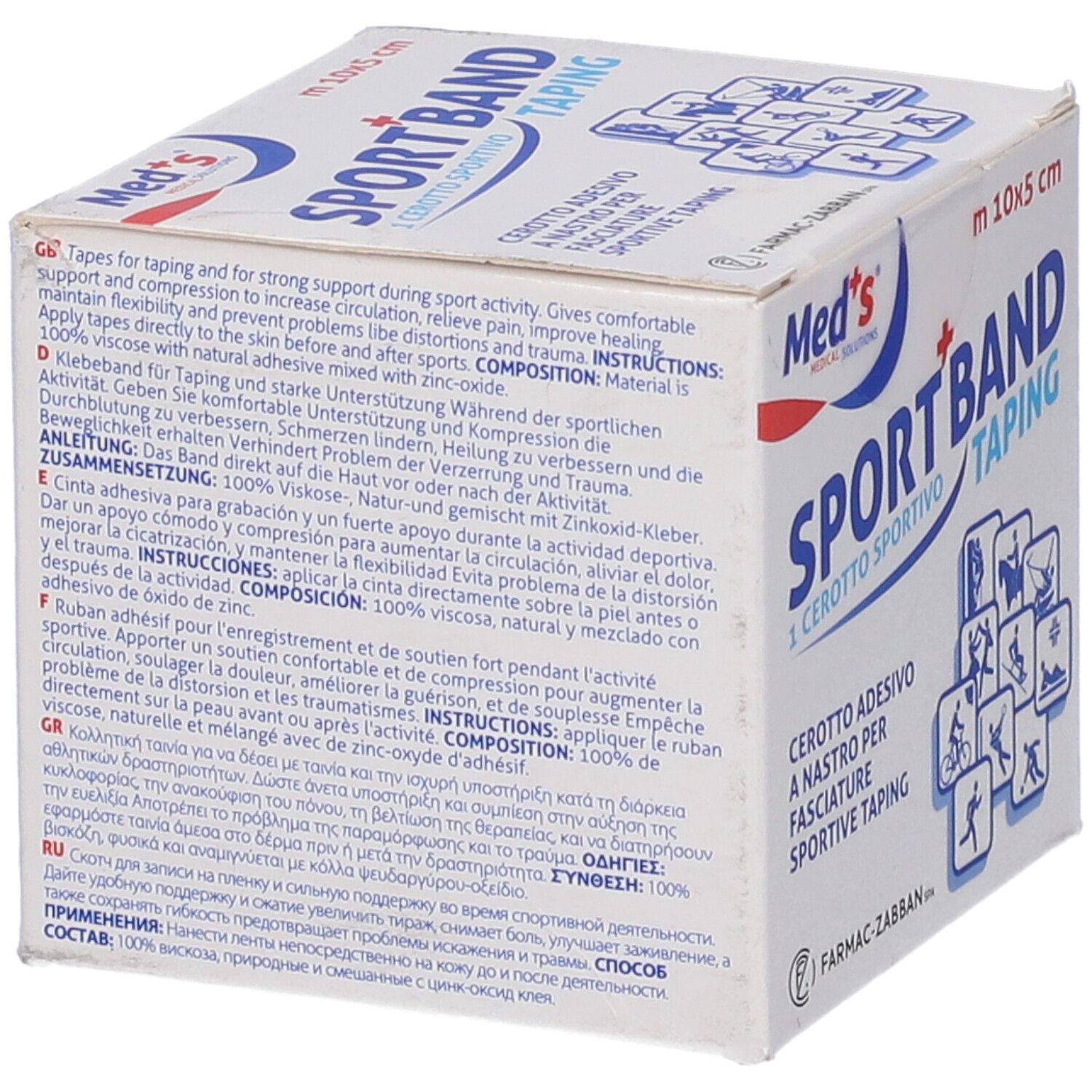 Scatola bianca con testo. Contiene Sport Band Taping. Dimensioni 10x5 cm. Testo multilingue.