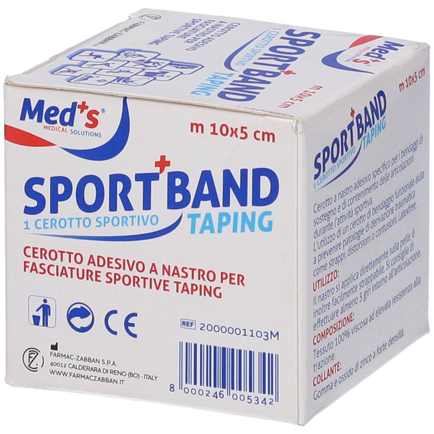 Scatola bianca con stampa. Contiene Sport Band Taping. Dimensioni 10x5 cm. Loghi e codice a barre.