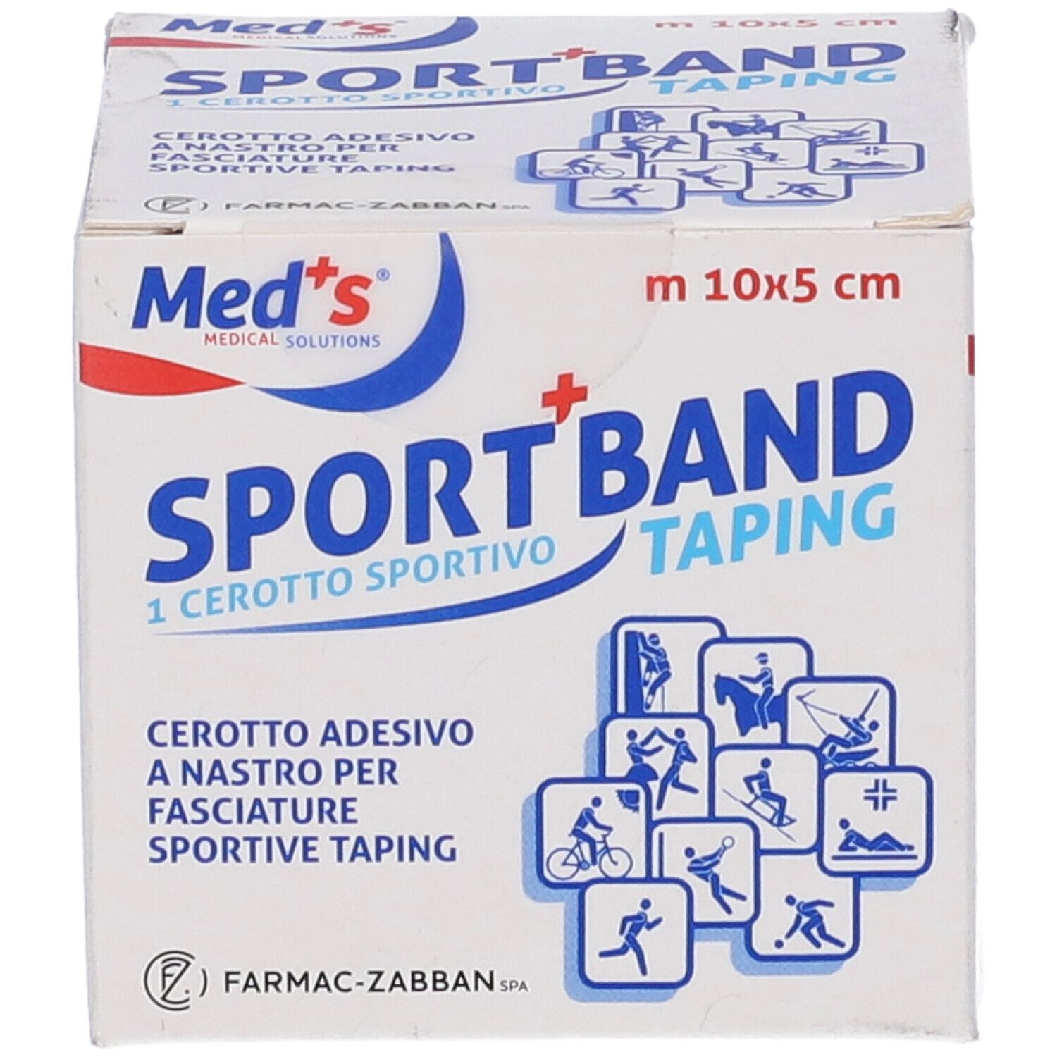 Scatola bianca con stampa. Contiene Sport Band Taping. Dimensioni 10x5 cm. Loghi e pittogrammi.