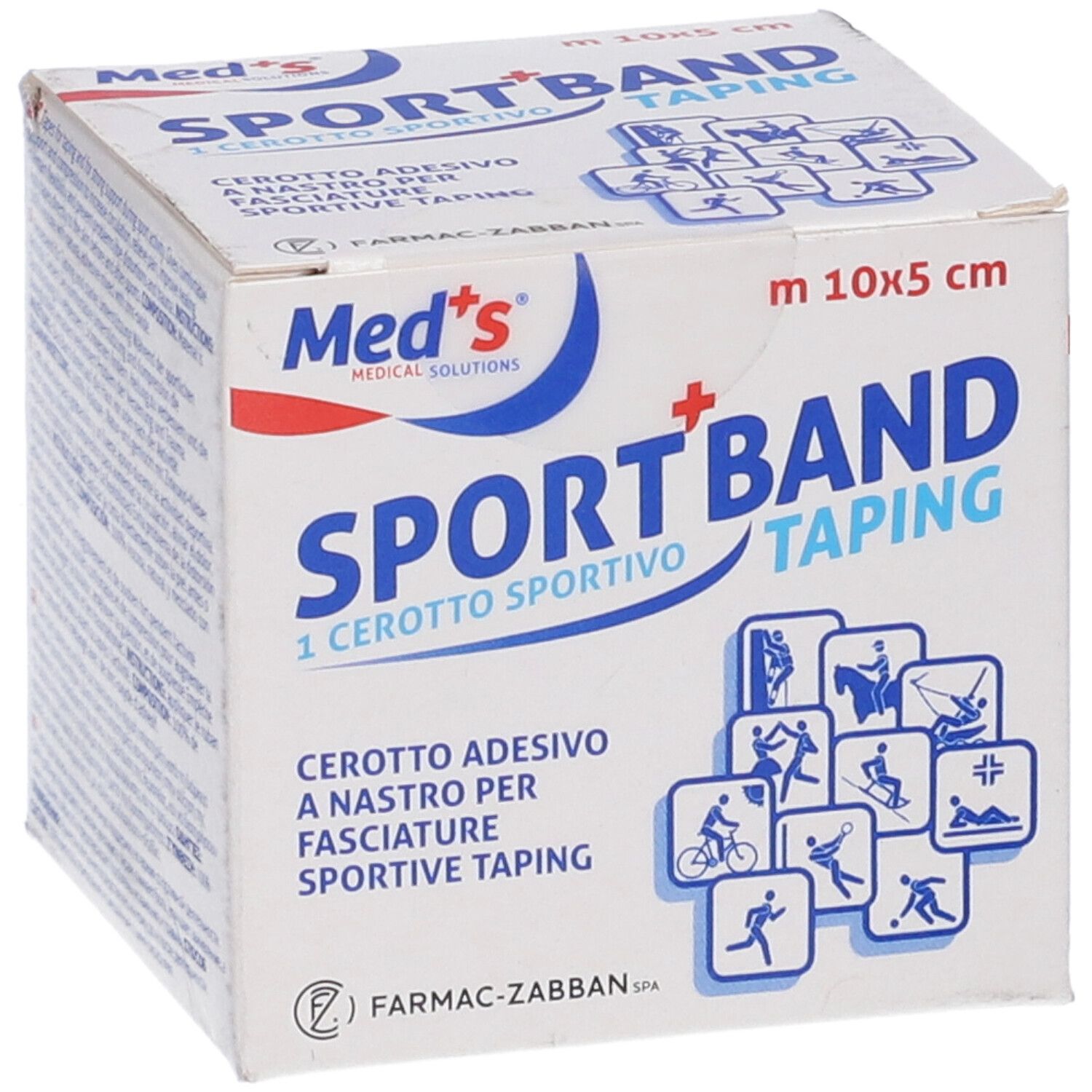 Scatola bianca con stampa. Contiene Sport Band Taping. Dimensioni 10x5 cm. Loghi e pittogrammi.
