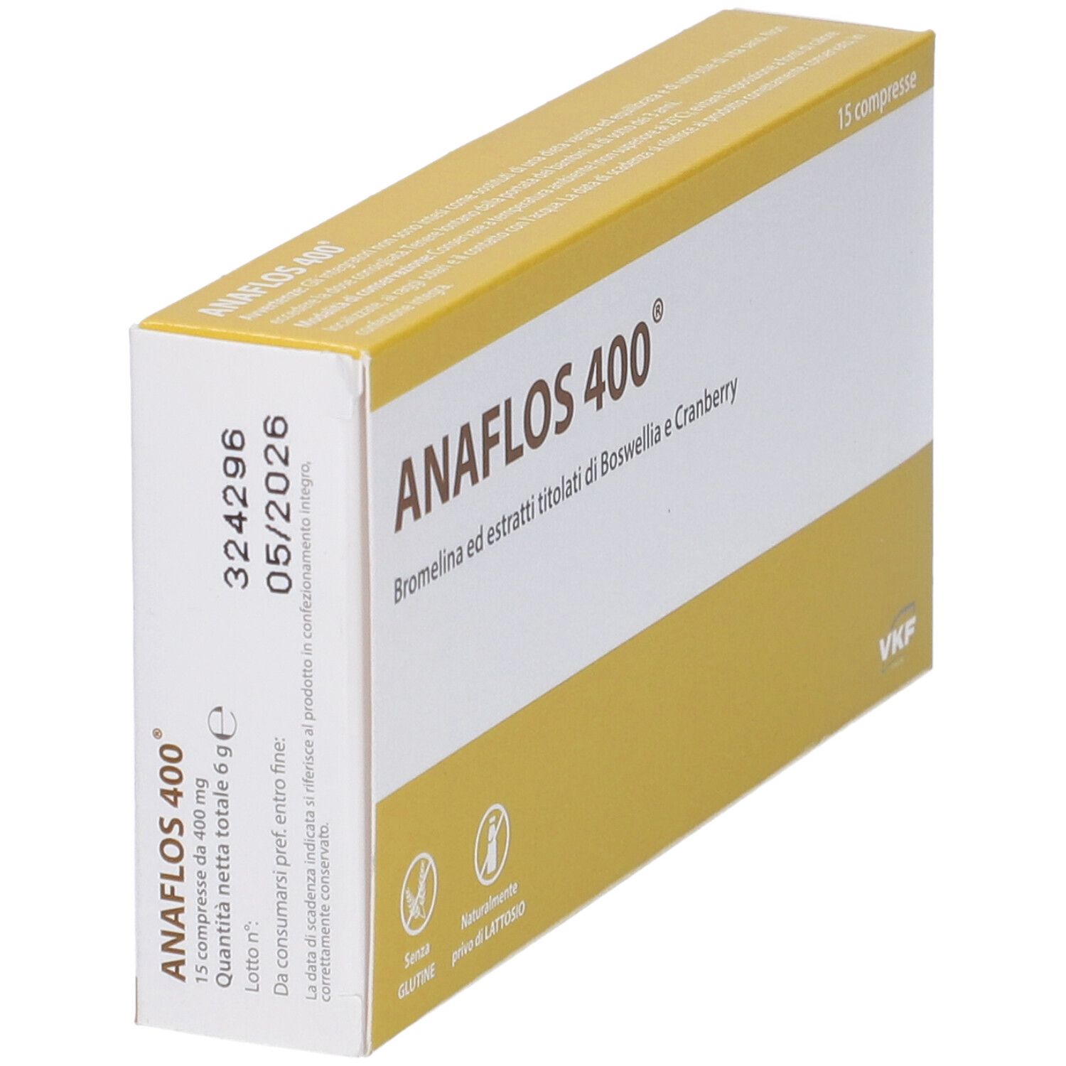 Scatola gialla "ANAFLOS 400". Contiene 15 compresse. Scritto: Bromelina ed estratti di Boswellia e Cranberry. Vista laterale.