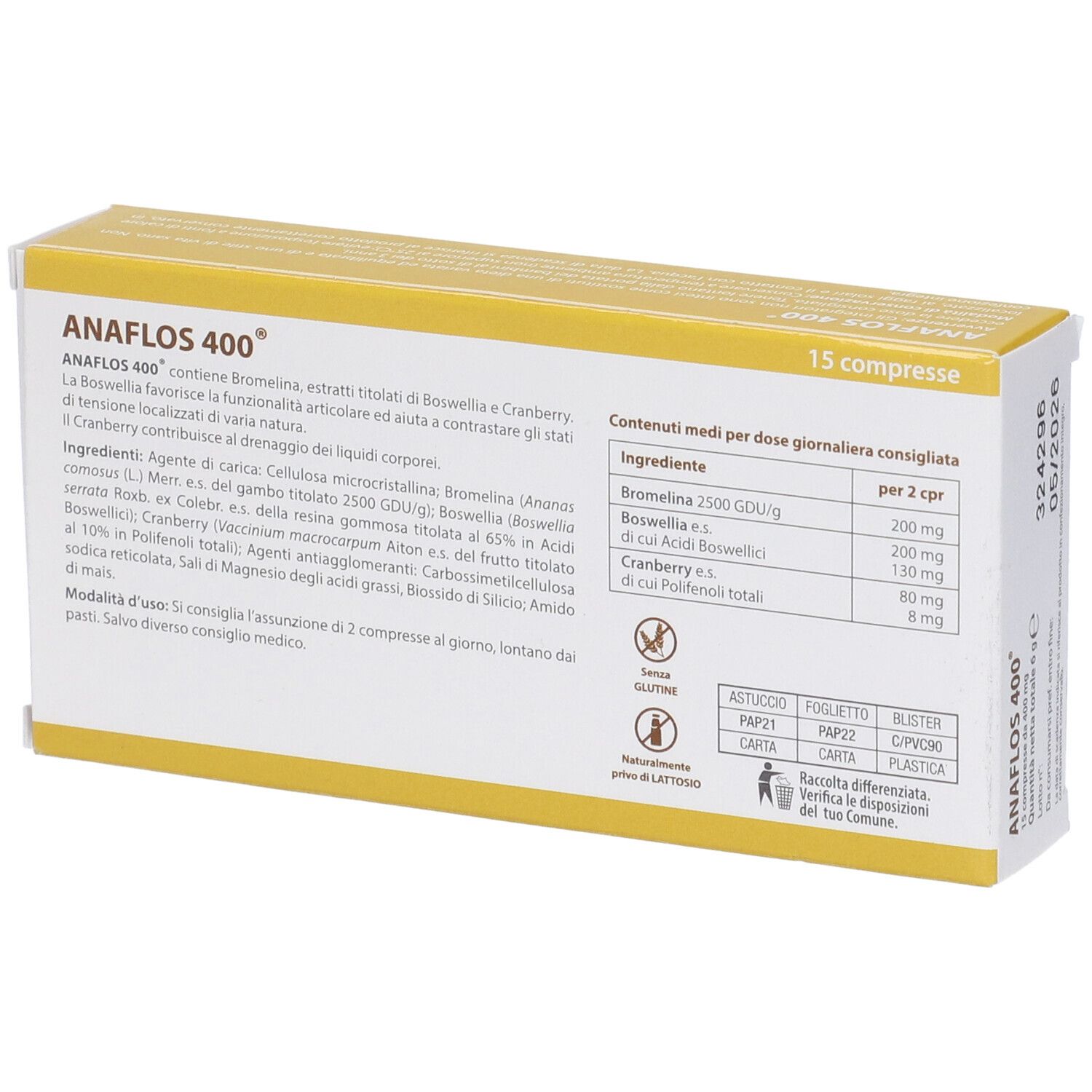 Retro della scatola gialla "ANAFLOS 400". Contiene 15 compresse. Ingredienti e informazioni.