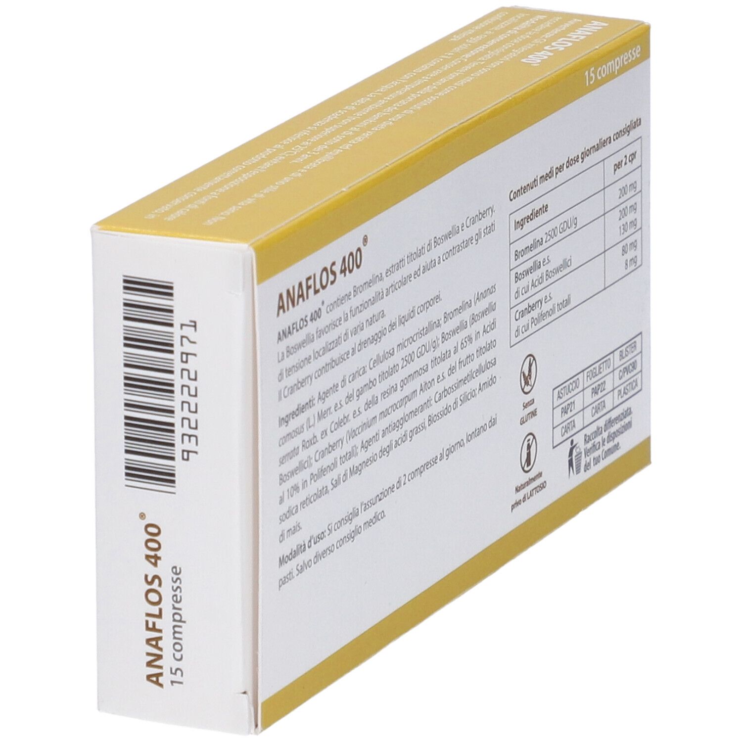Vista laterale della scatola gialla "ANAFLOS 400". Contiene 15 compresse. Codice a barre e informazioni sul prodotto.