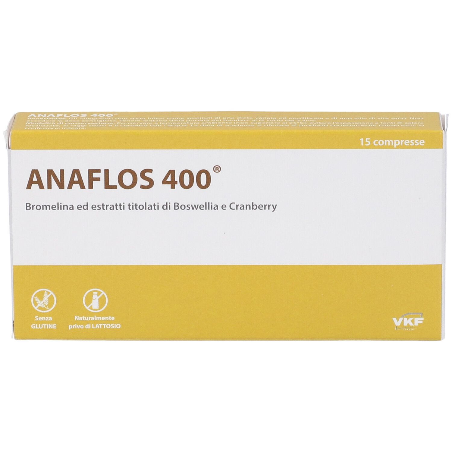 Scatola gialla "ANAFLOS 400". Contiene 15 compresse. Scritto: Bromelina ed estratti di Boswellia e Cranberry.