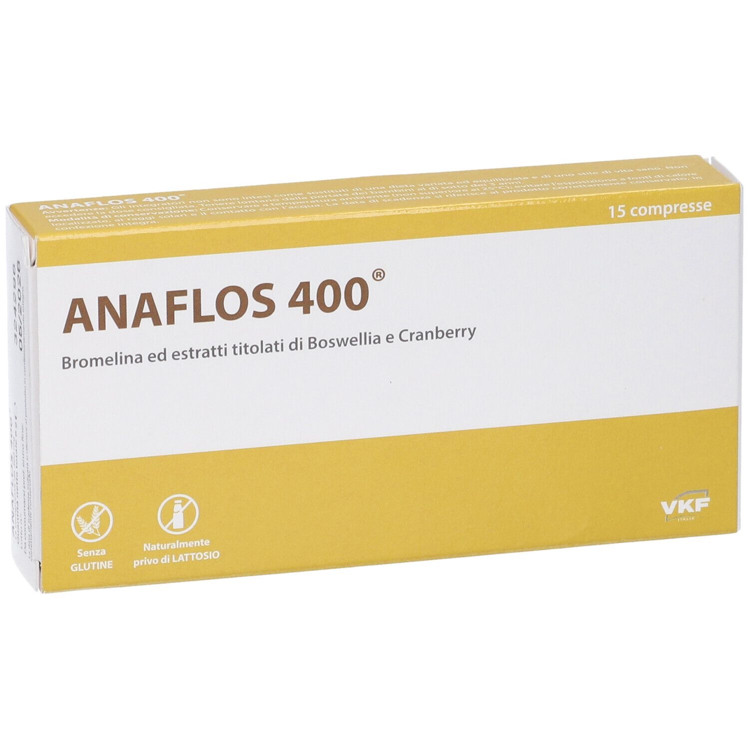 Scatola gialla "ANAFLOS 400". Contiene 15 compresse. Scritto: Bromelina ed estratti di Boswellia e Cranberry.