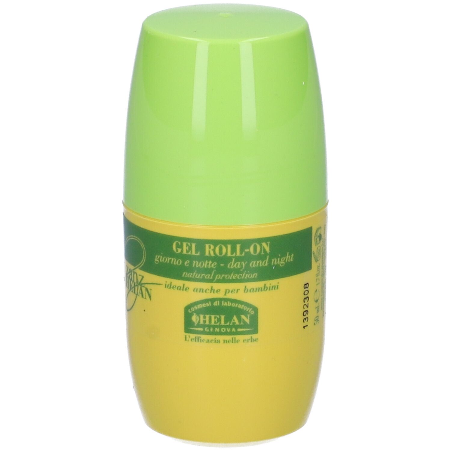 Gel Roll-On, flacone giallo-verde. Scritta: Gel Roll-On, giorno e notte - day and night, Helan.