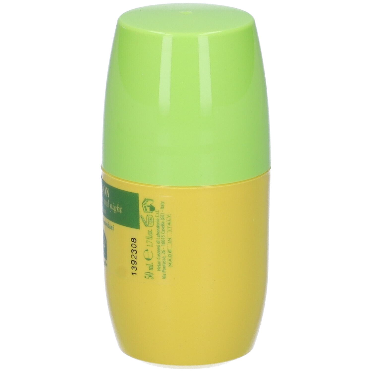 Gel Roll-On, flacone giallo-verde. Scritta: ZZZZHELAN, Gel Roll-On, giorno e notte - day and night.