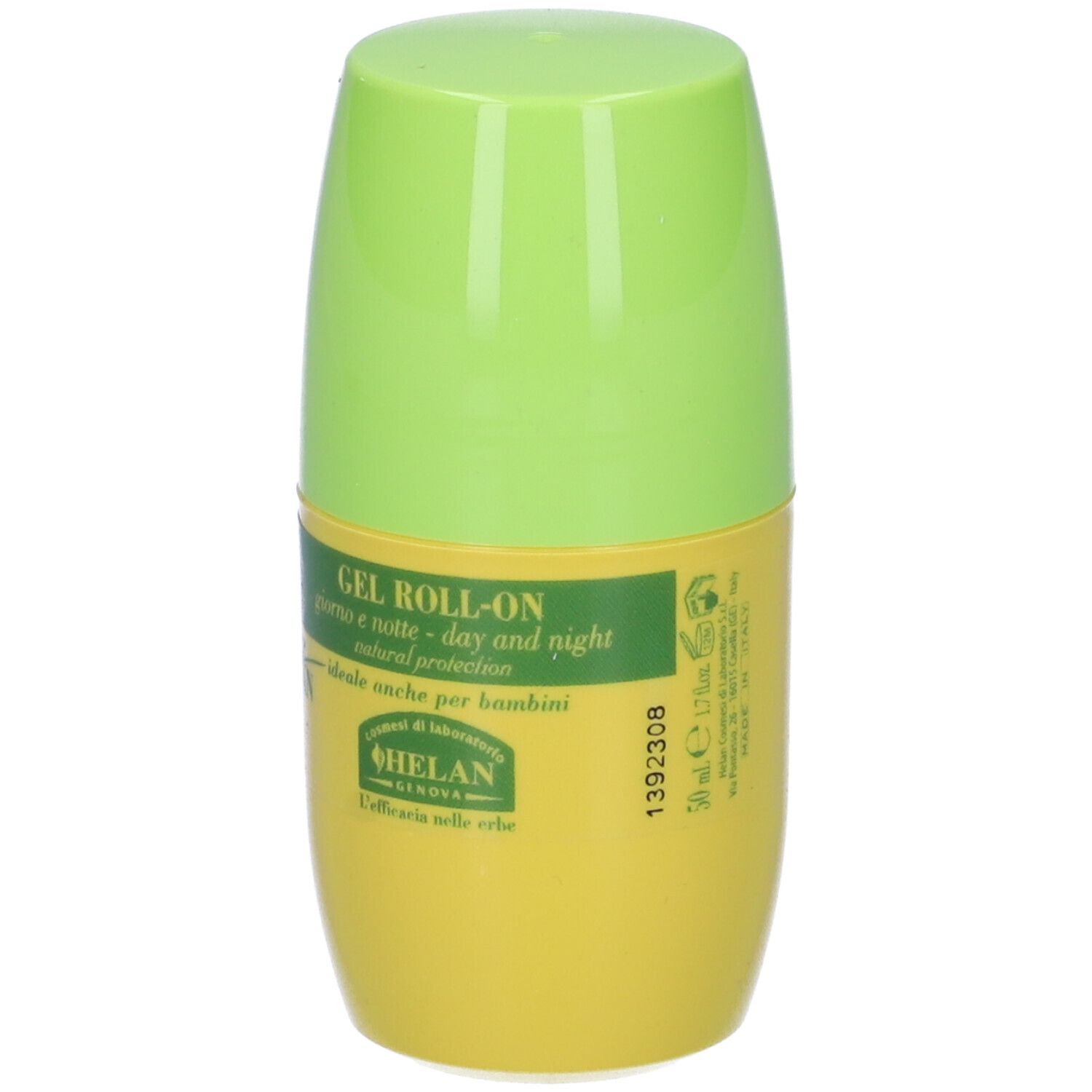 Gel Roll-On, flacone giallo-verde. Scritta: ZZZZHELAN, Gel Roll-On, giorno e notte - day and night.