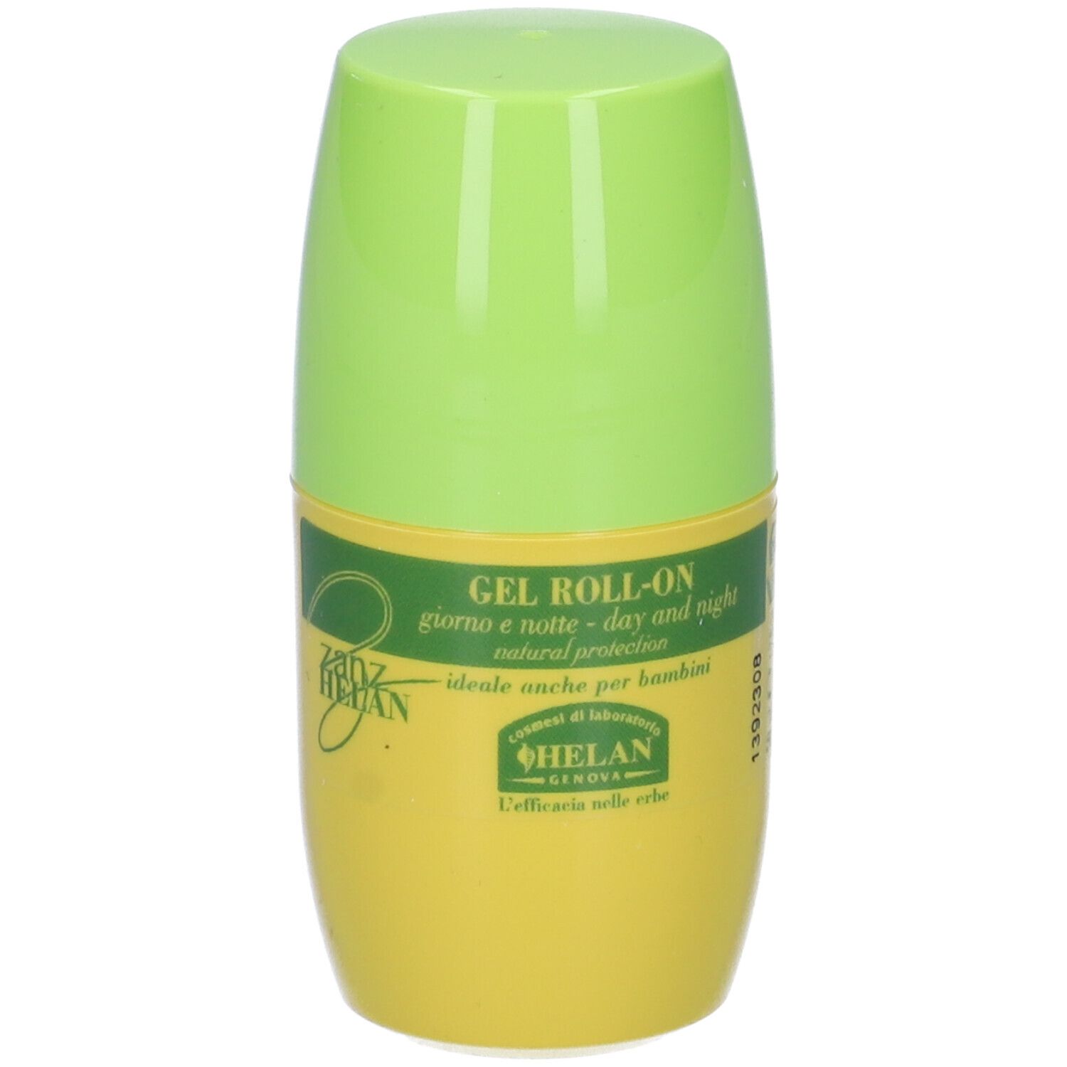 Gel Roll-On, flacone giallo-verde. Scritta: ZZZZHELAN, Gel Roll-On, giorno e notte - day and night.