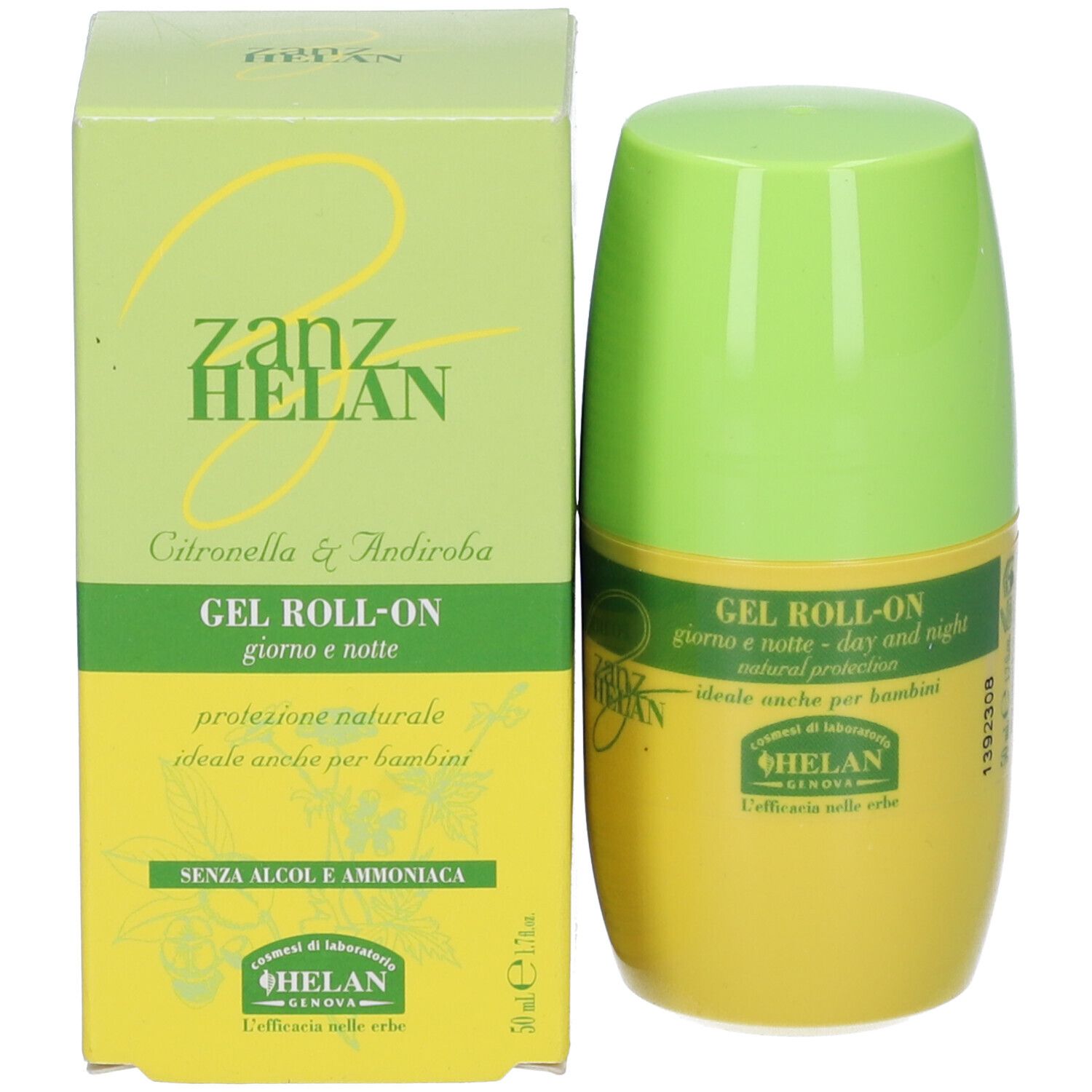Gel Roll-On, flacone giallo-verde con confezione. Scritta: ZZZZHELAN, Gel Roll-On, giorno e notte.