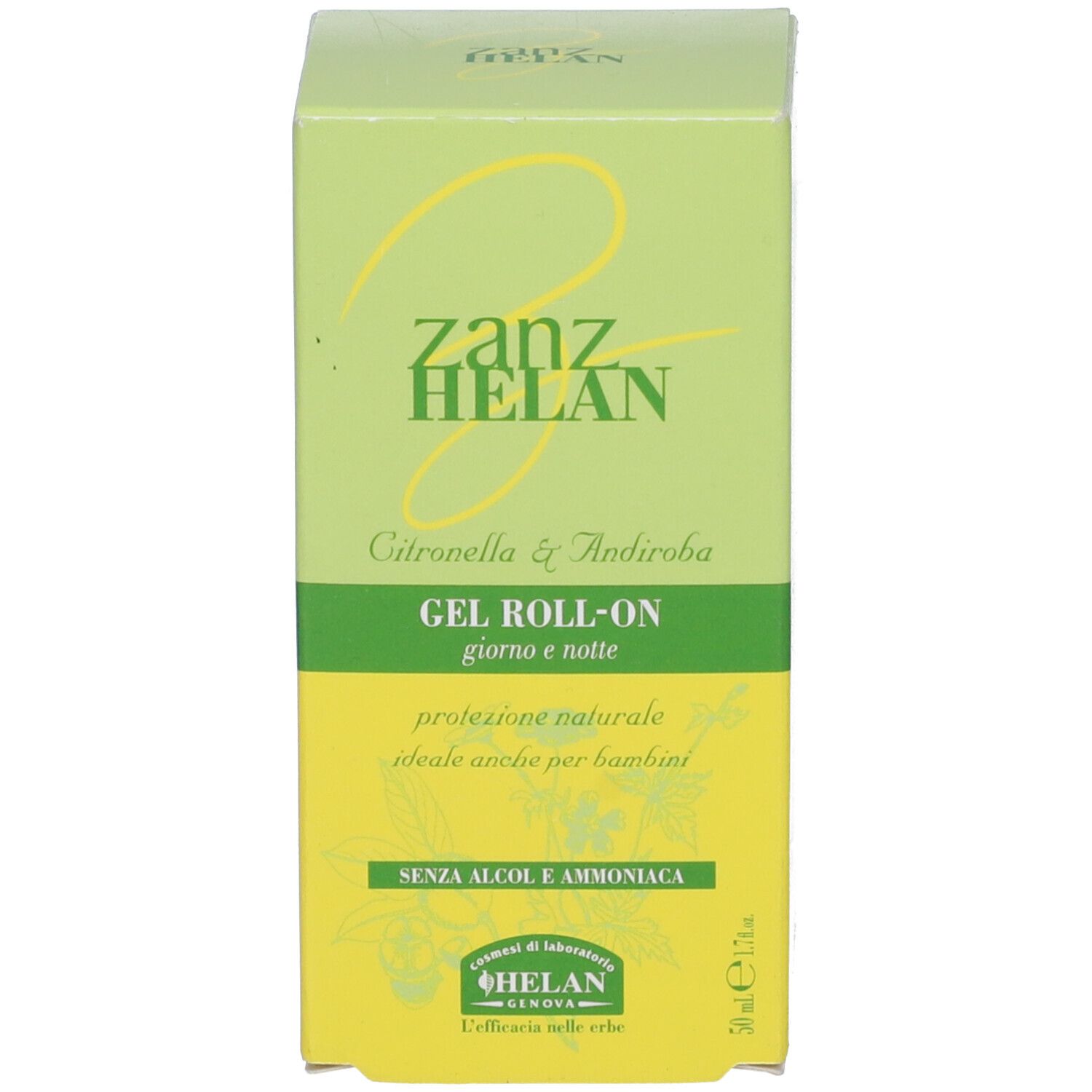 Confezione per Gel Roll-On. Scritta: ZZZZHELAN, Gel Roll-On, giorno e notte, Citronella & Andiroba.