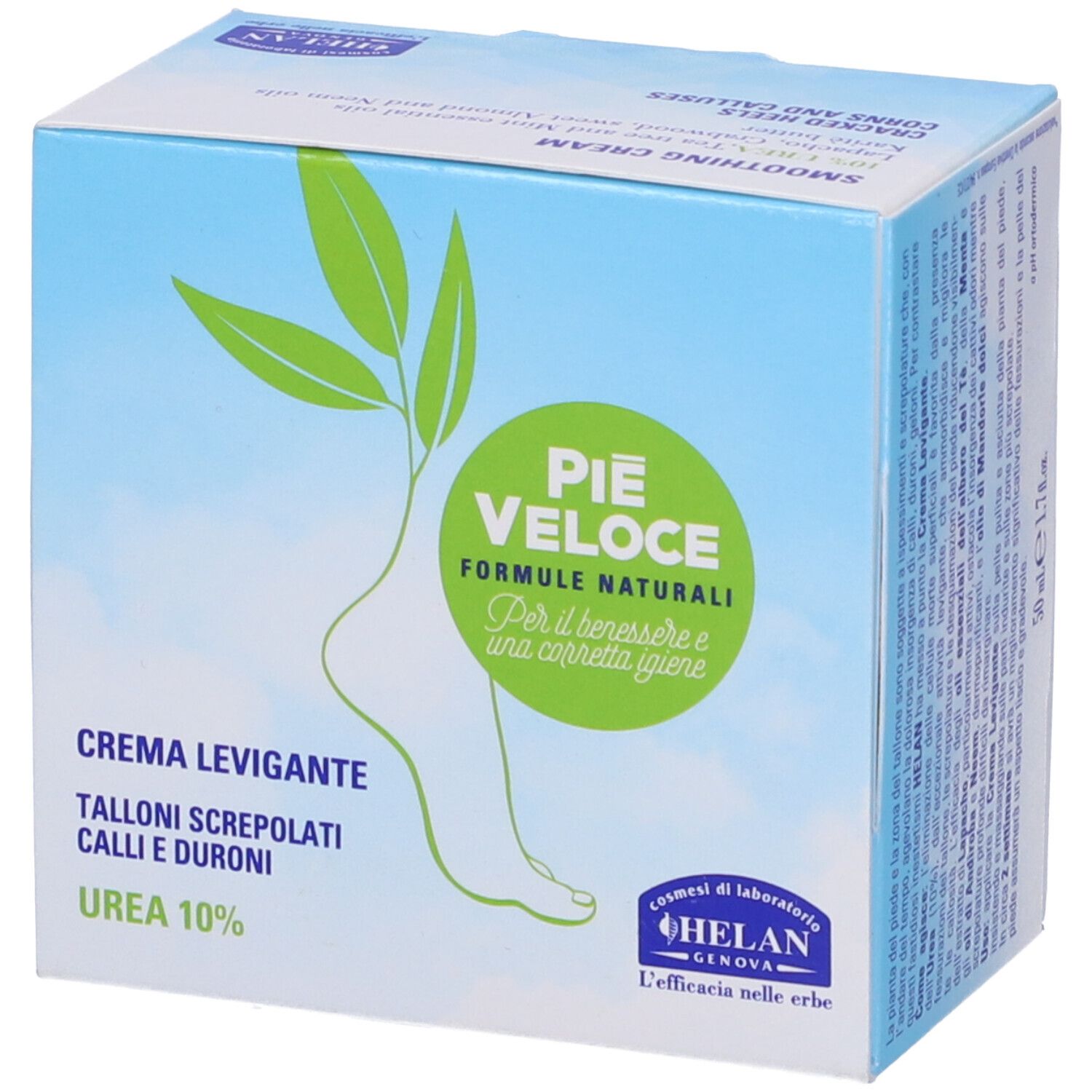 Confezione. Scritta: PIE VELOCE, Crema Levigante, UREA 10%. Marchio: Helan.