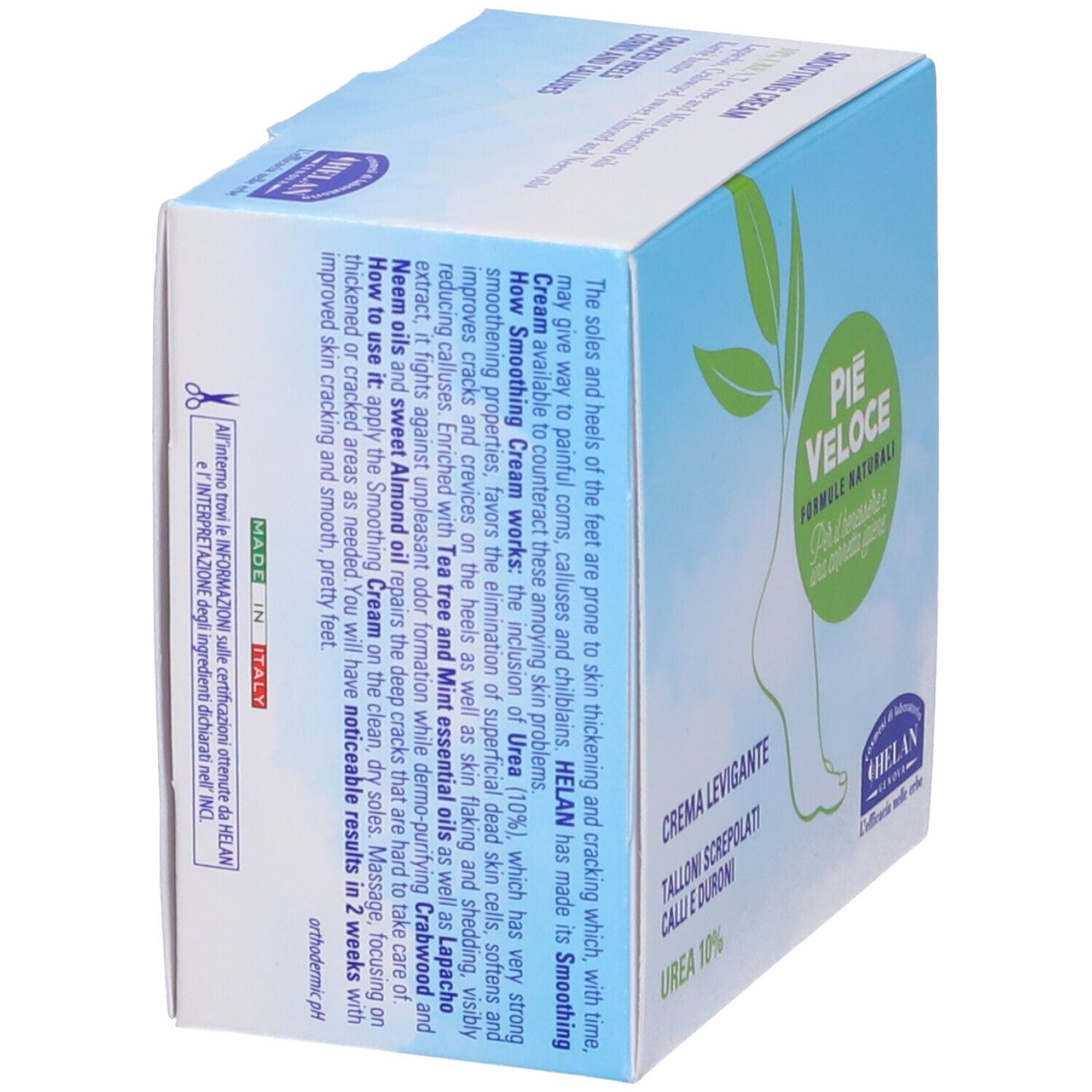 Confezione. Scritta: PIE VELOCE, Crema Levigante, UREA 10%. Marchio: Helan.