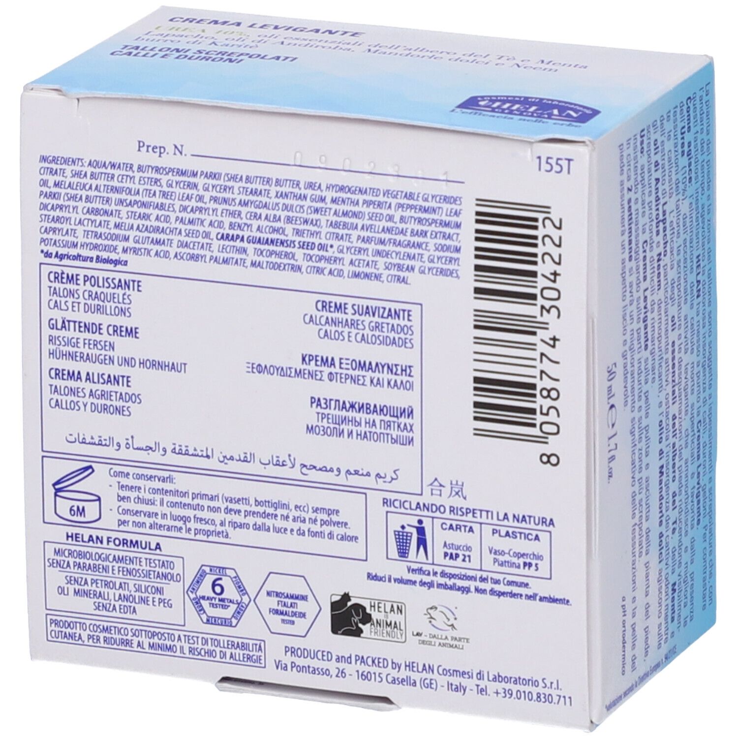 Confezione. Scritta: PIE VELOCE, Crema Levigante, UREA 10%. Marchio: Helan.