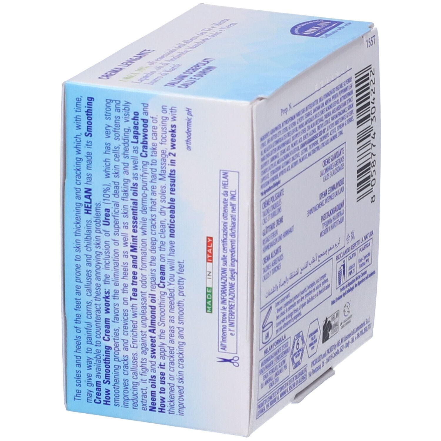 Confezione. Scritta: PIE VELOCE, Crema Levigante, UREA 10%. Marchio: Helan.