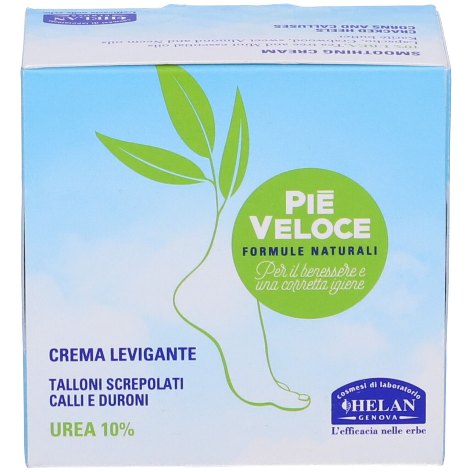 Confezione. Scritta: PIE VELOCE, Crema Levigante, UREA 10%. Marchio: Helan.