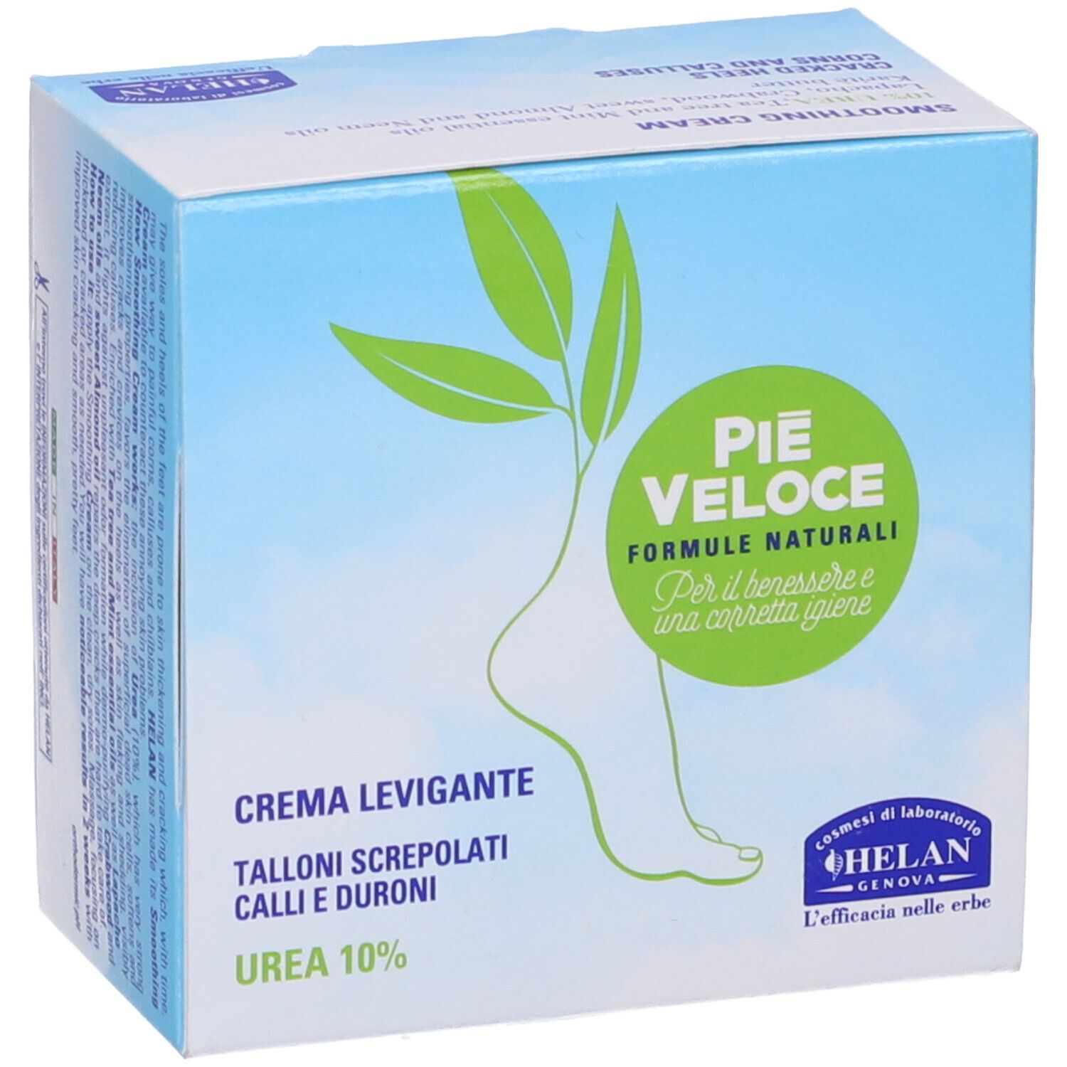 Confezione. Scritta: PIE VELOCE, Crema Levigante, UREA 10%. Marchio: Helan.