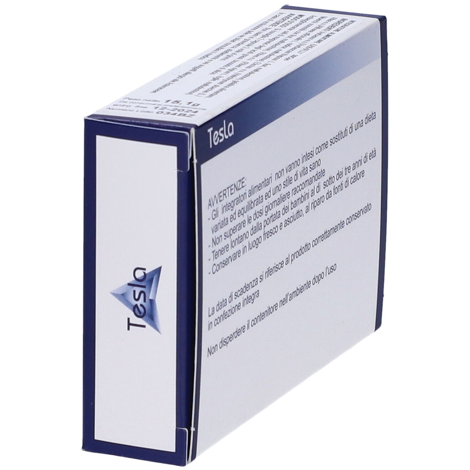 Scatola "ERBAFLU' 30 Capsule" in prospettiva, retro. Avvertenze e scadenza. Marchio Tesla.