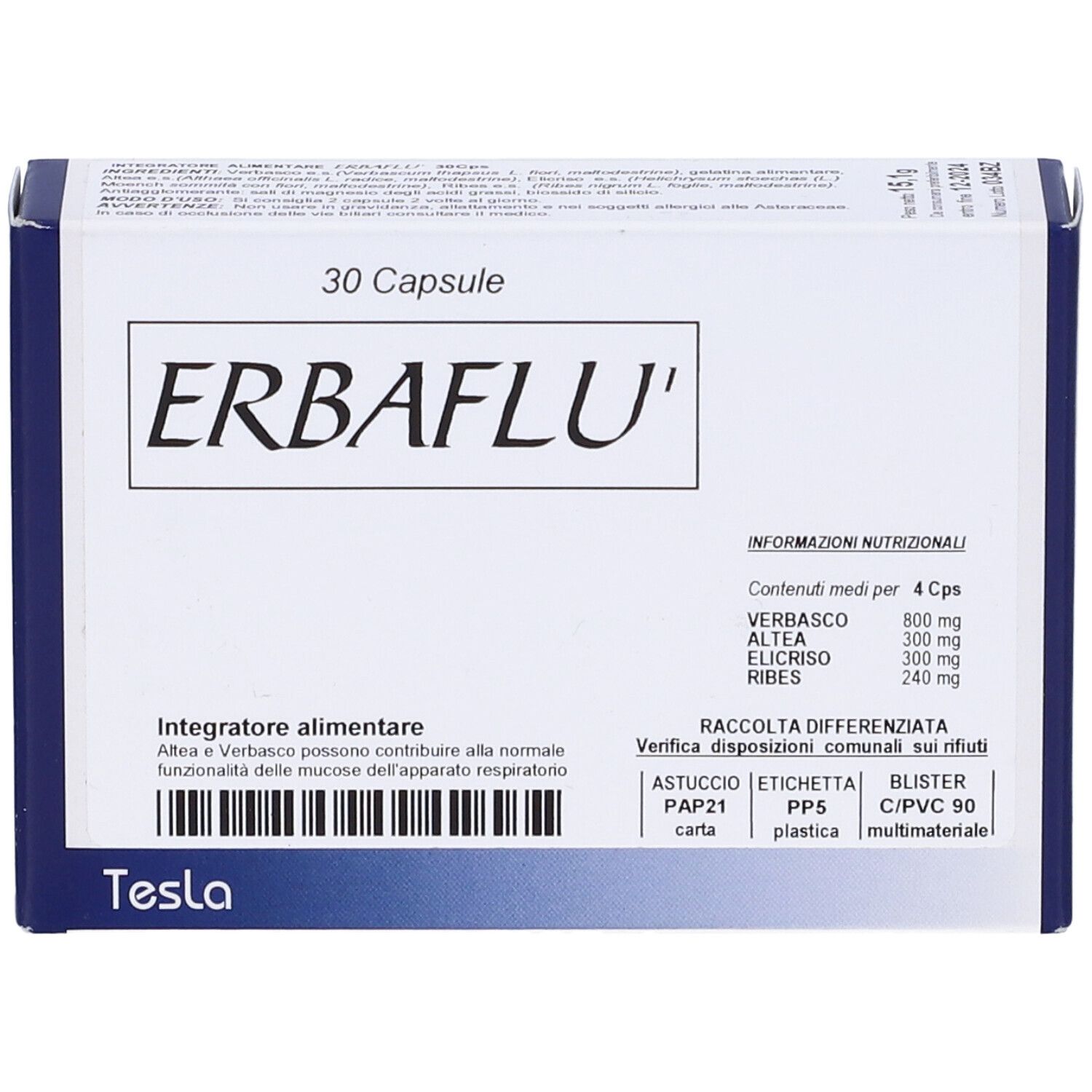Scatola "ERBAFLU' 30 Capsule". Informazioni nutrizionali e smaltimento. Marchio Tesla.
