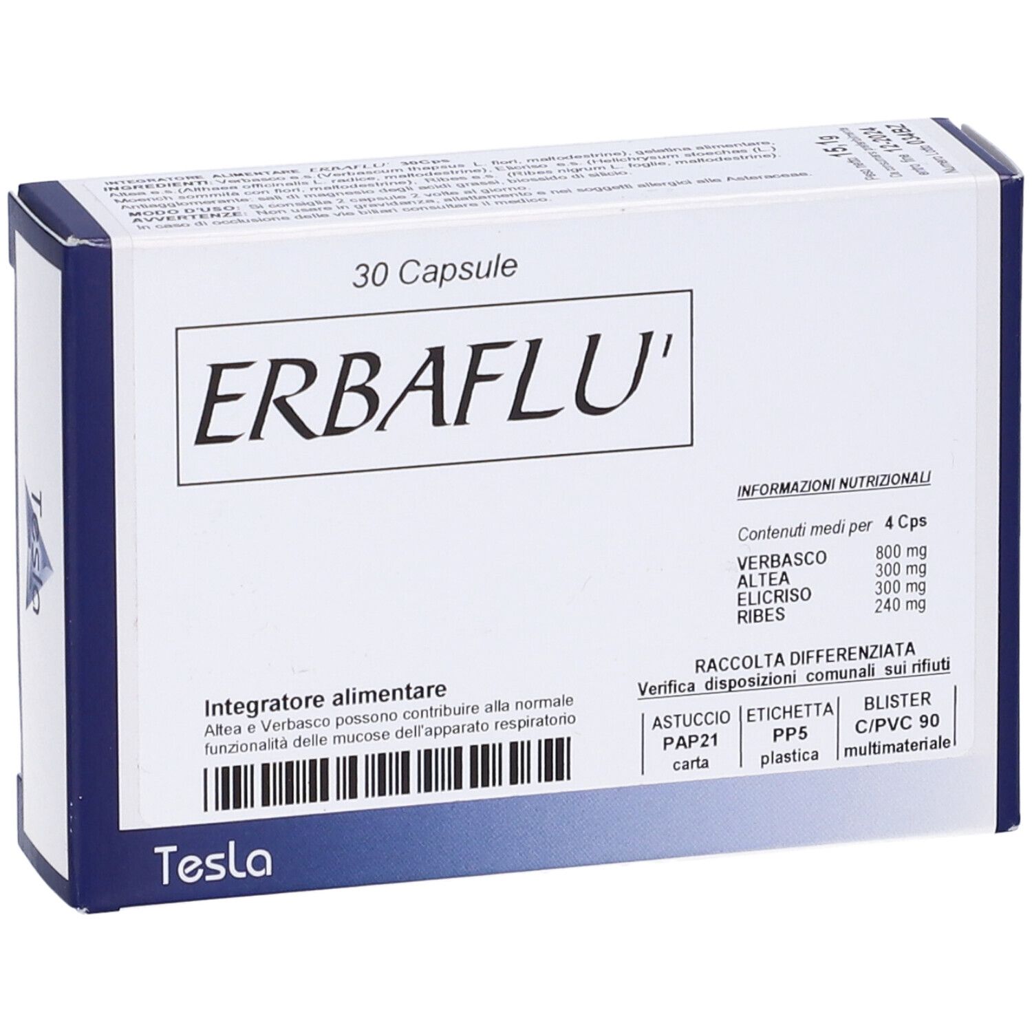 Scatola "ERBAFLU' 30 Capsule". Informazioni nutrizionali e smaltimento. Marchio Tesla.