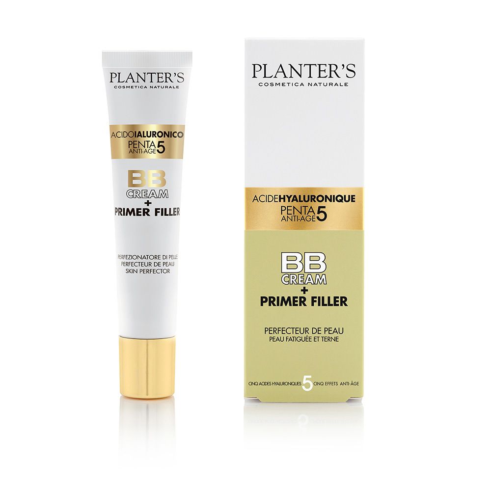 Confezione del prodotto con tubo e scatola. Scritta: Planter's, Acido Ialuronico PENTA 5, BB Cream + Primer Filler.