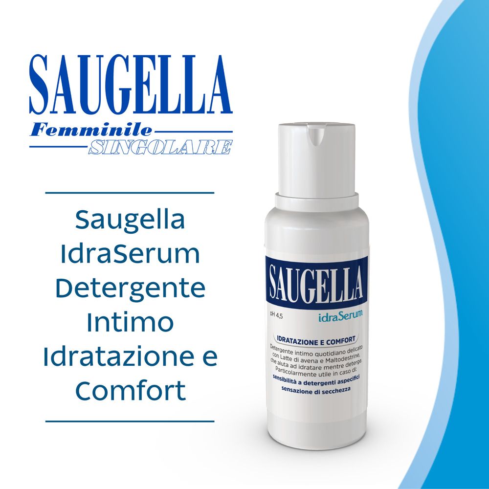 Flacone del prodotto con logo SAUGELLA. Testo: idraSerum, Detergente Intimo, Idratazione e Comfort.