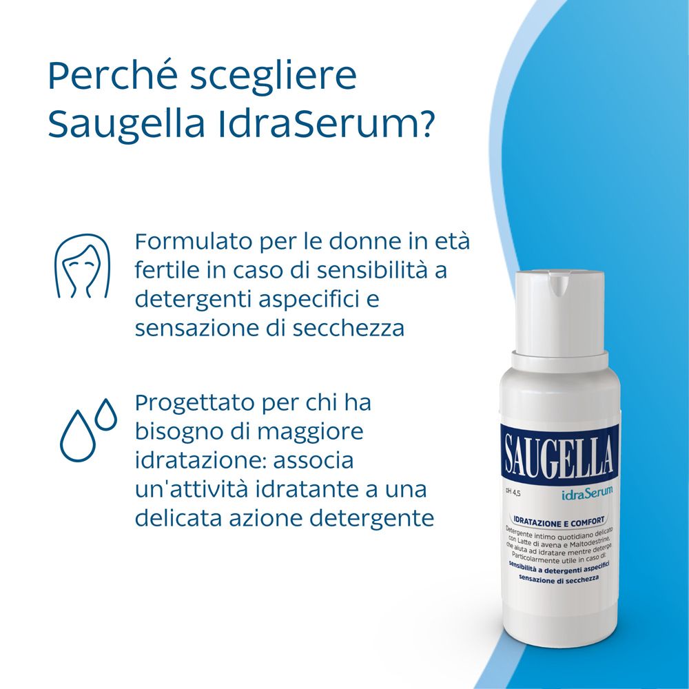 Flacone del prodotto con testo. SAUGELLA idraSerum. Testo: Formulato per donne con sensibilità.