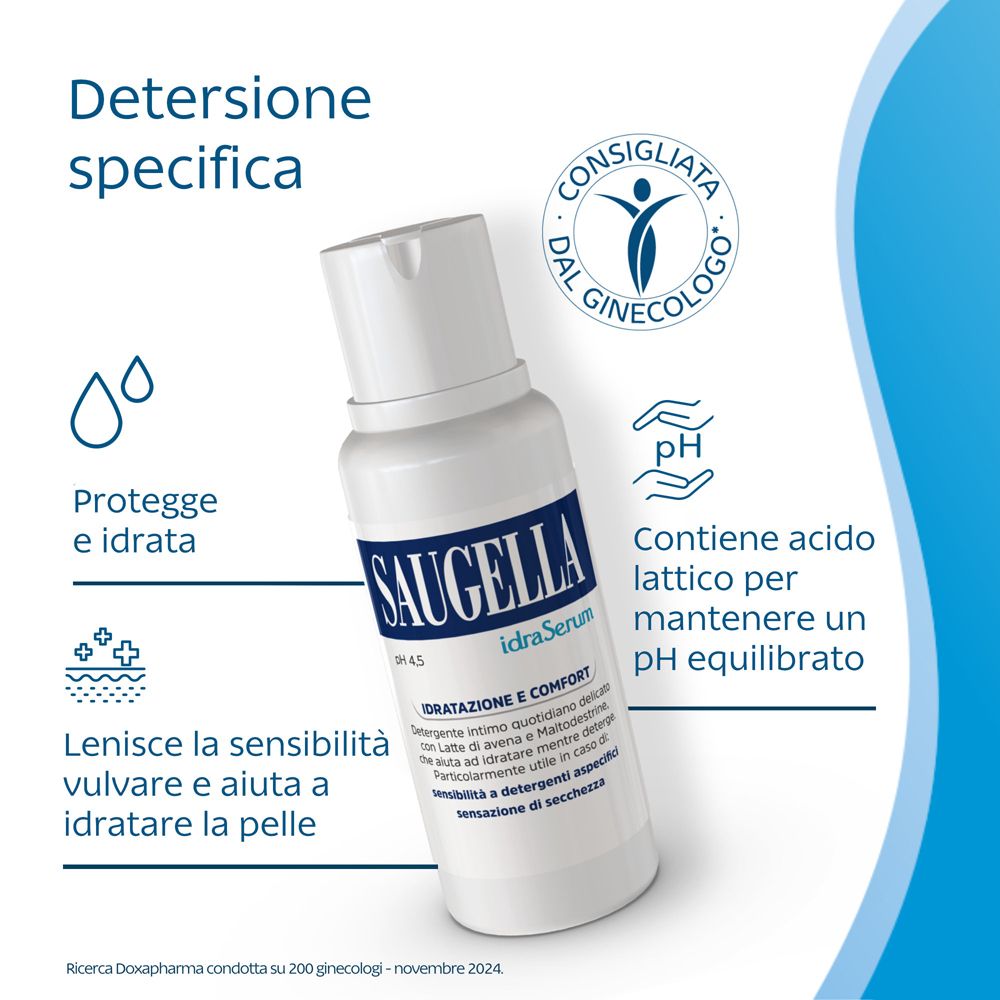 Flacone del prodotto con testo. SAUGELLA idraSerum. Testo: Protegge e idrata. Consigliato dal ginecologo.