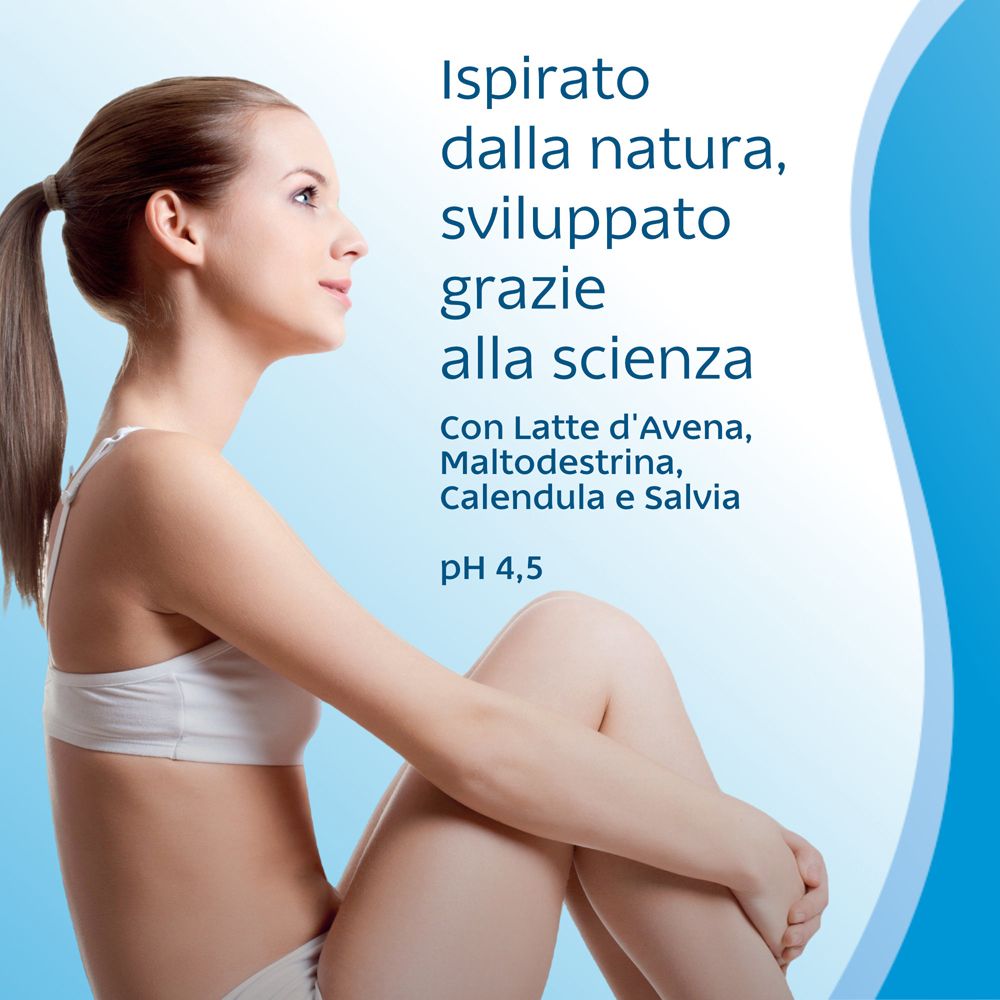 Giovane donna seduta. Testo: Con latte d'avena, maltodestrina, calendula e salvia. pH 4,5.