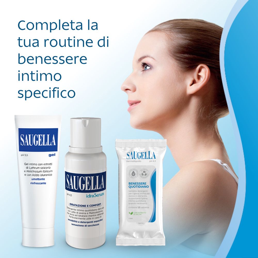 Tre prodotti. SAUGELLA gel, idraSerum e salviette. Testo: Completa la tua routine intima.