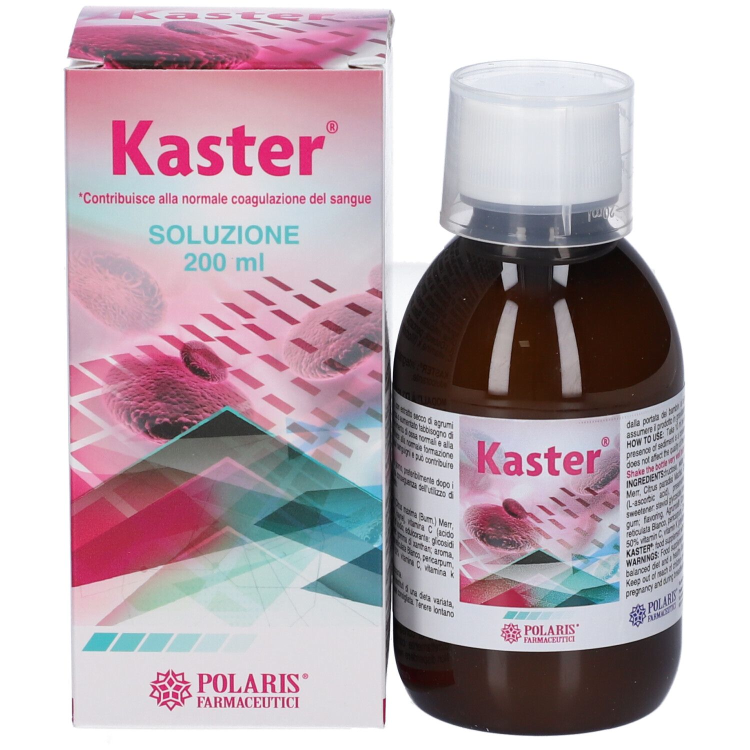 Flacone Kaster Soluzione 200 ml e scatola di imballaggio affiancati, entrambi con informazioni sul prodotto.