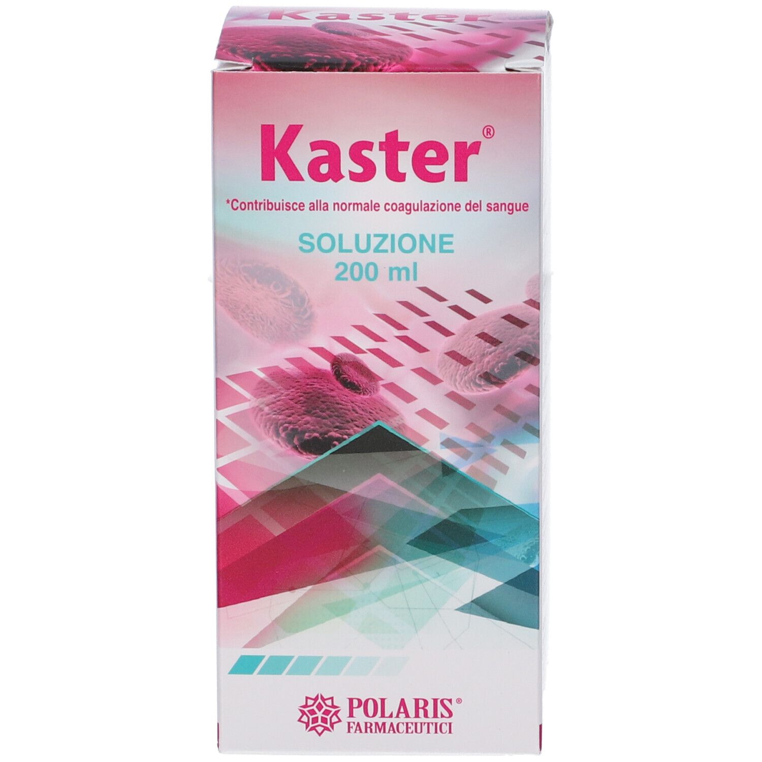 Confezione Kaster Soluzione 200 ml con grafica di globuli rossi.