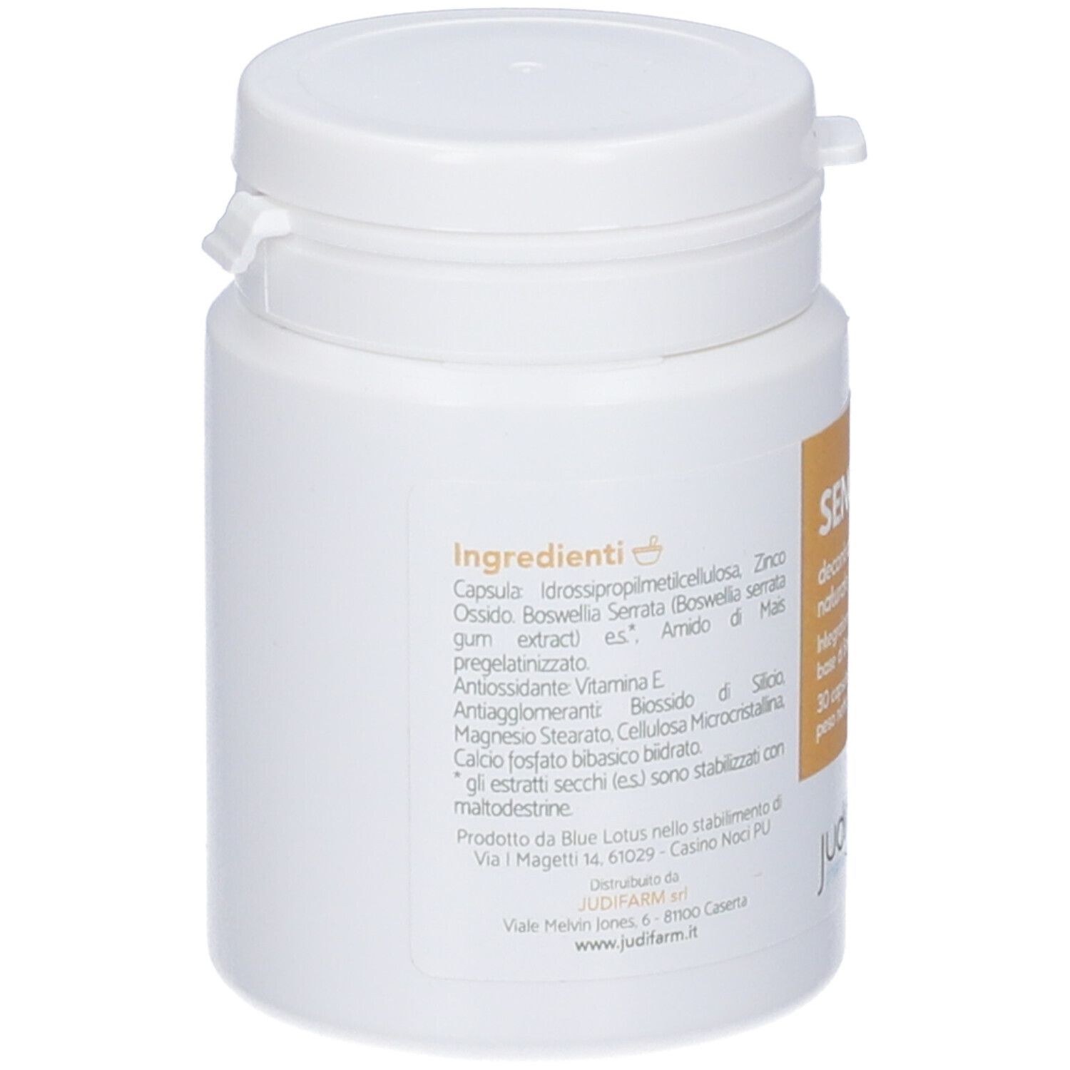 Flacone bianco con scritte. Elenco ingredienti. Logo Judifarm. Informazioni su produzione e distribuzione.