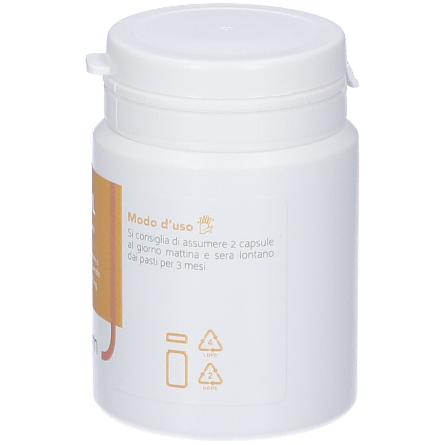 Flacone bianco con coperchio bianco. Scritta: Modo d'uso. Simboli di riciclaggio. Nessun altro dettaglio visibile.