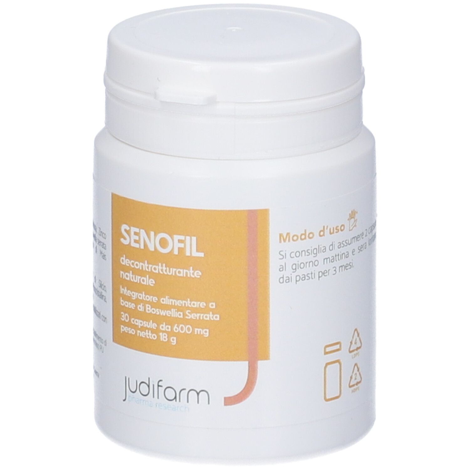 Flacone bianco con etichetta gialla. Scritta: SENOFIL, decontratturante naturale. 30 capsule, 600 mg, 18 g. Logo Judifarm.