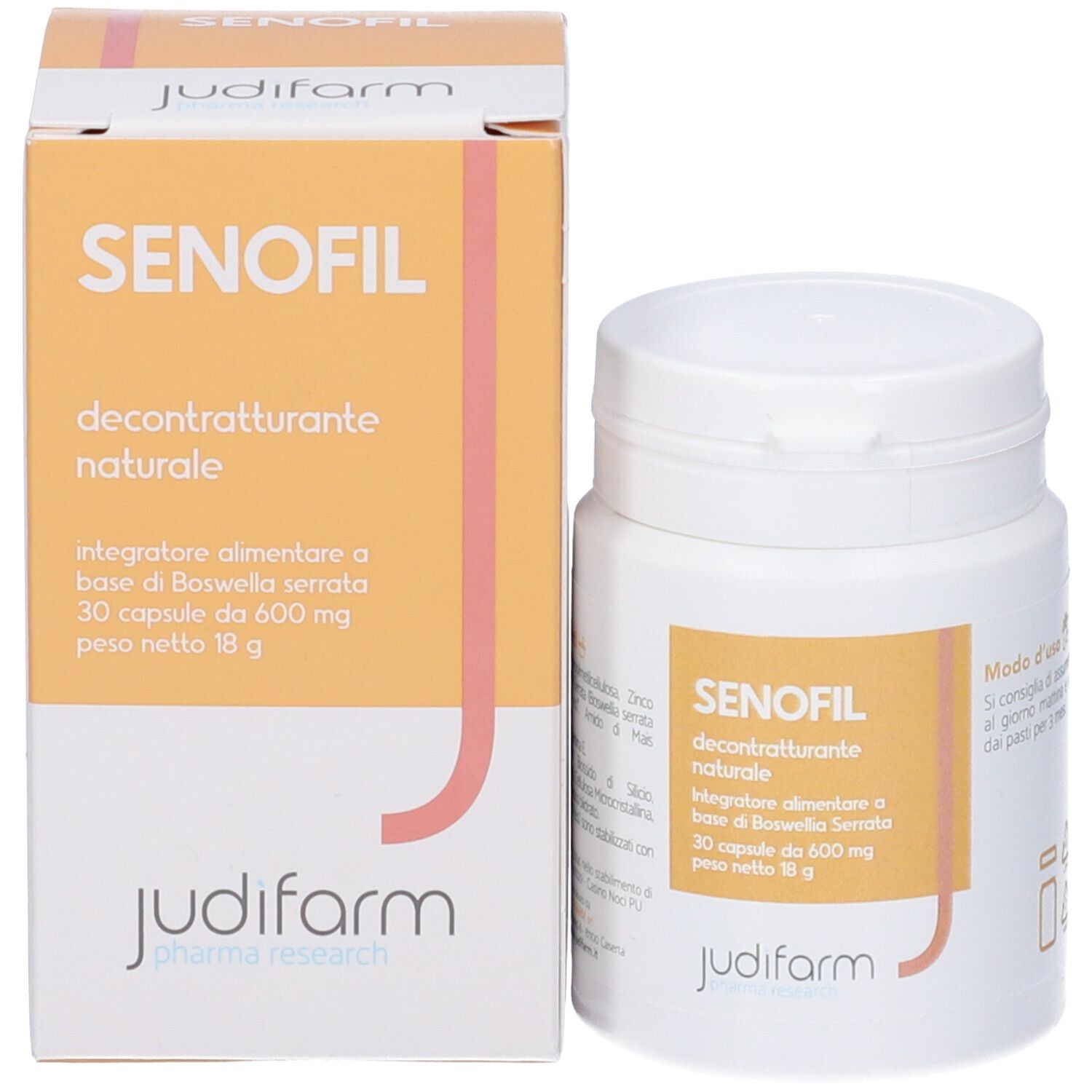Confezione e flacone di compresse. Scritta: SENOFIL, decontratturante naturale. 30 capsule, 600 mg, 18 g. Logo Judifarm.