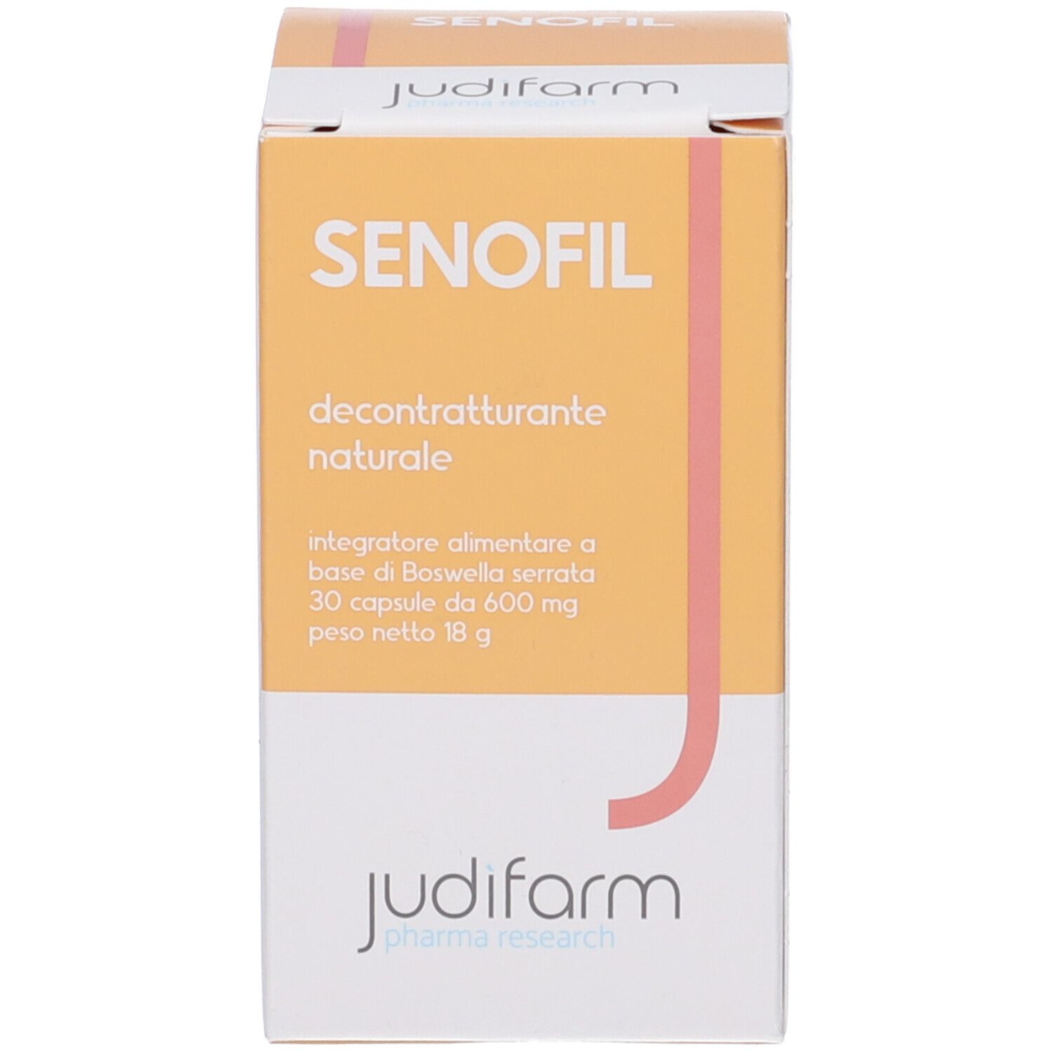 Confezione del prodotto. Scritta: SENOFIL, decontratturante naturale. 30 capsule, 600 mg, 18 g. Logo Judifarm.