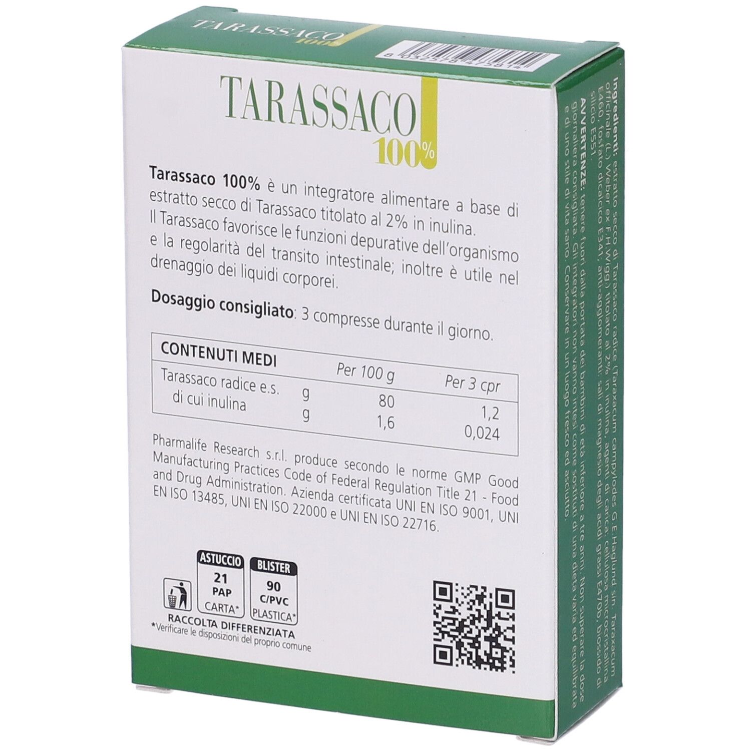 Retro della confezione di Tarassaco 100% Compresse. Contiene informazioni nutrizionali e produttore.