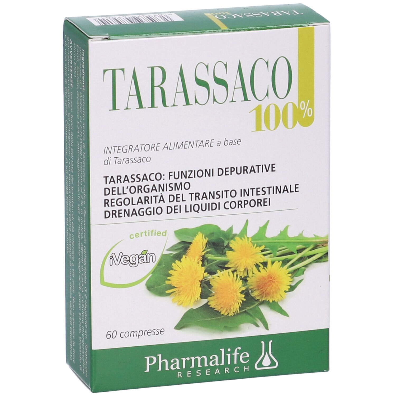 Scatola di Tarassaco 100% Compresse. Scritta: Vegan, 60 compresse. Marchio: Pharmalife Research.