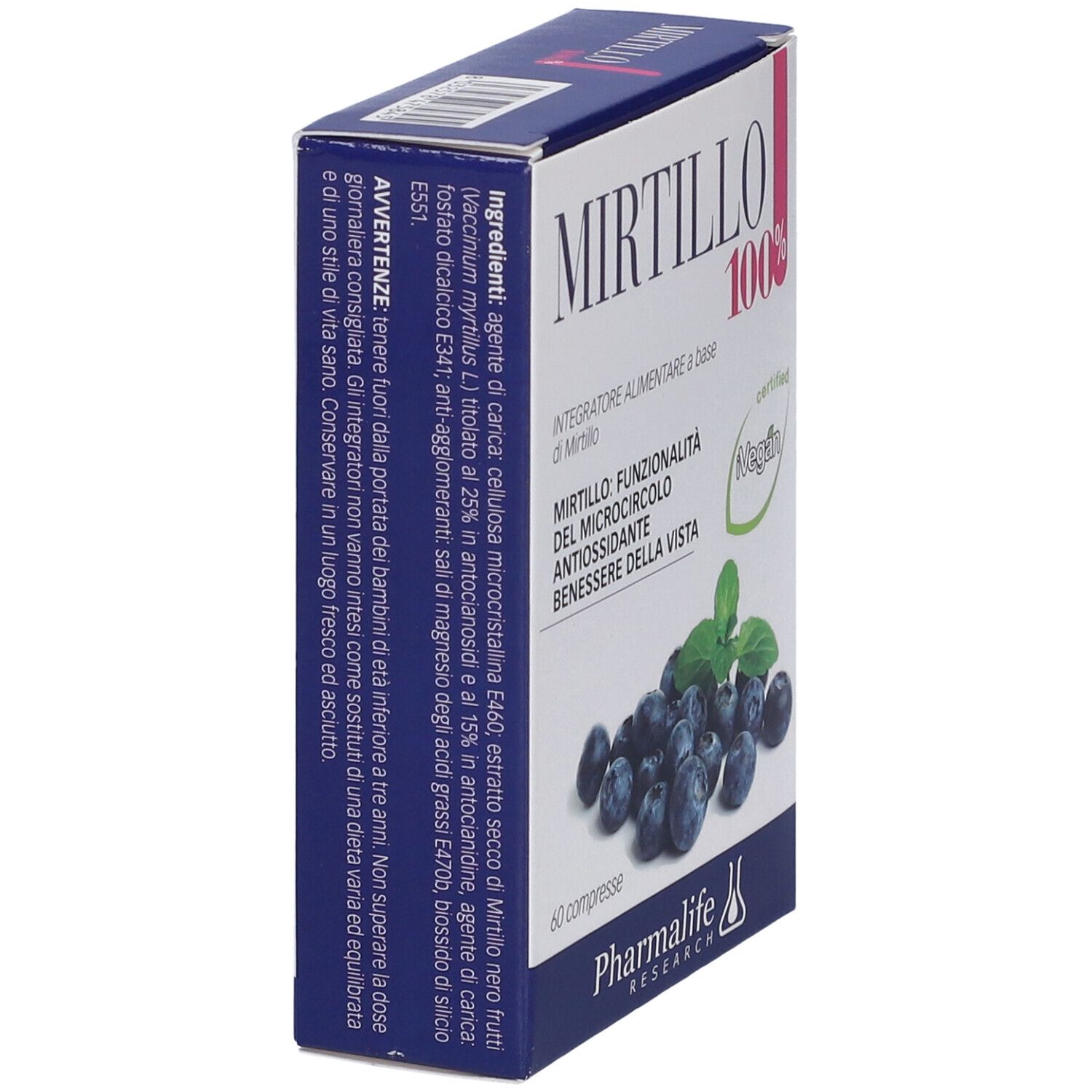 Scatola Mirtillo 100% 60 Compresse. Illustrazione di mirtilli. Testo: 'Integratore alimentare'. Elenco ingredienti e avvertenze.