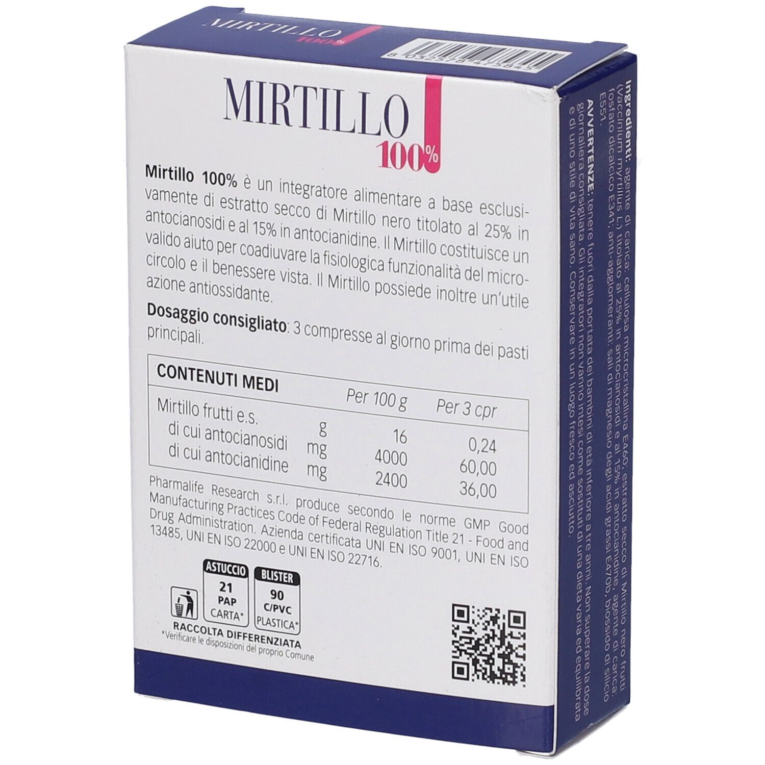 Retro della scatola Mirtillo 100% 60 Compresse. Testo: 'Mirtillo 100%'. Informazioni sul dosaggio e tabella nutrizionale.