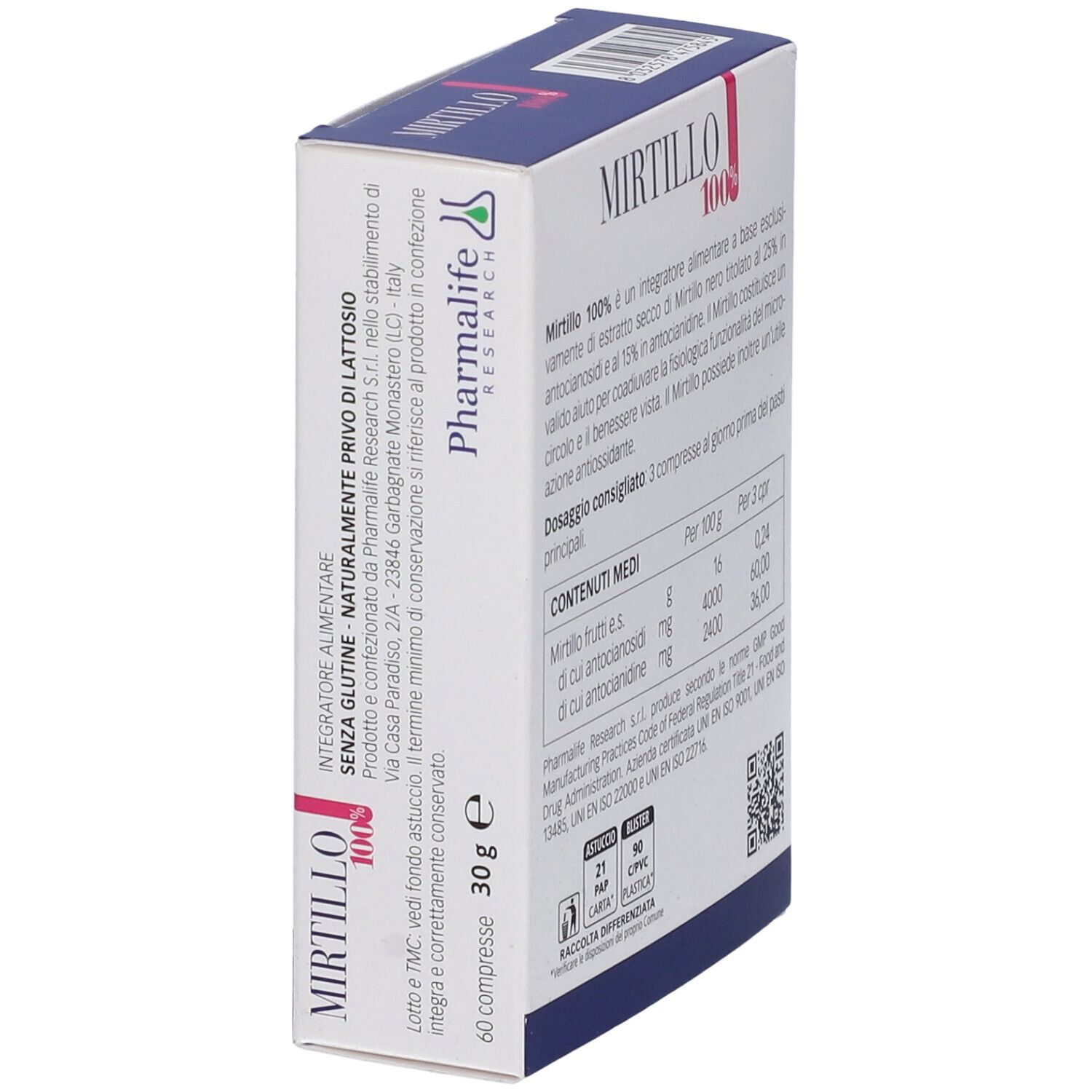 Scatola Mirtillo 100% 60 Compresse. Testo: 'Integratore alimentare'. 'Senza glutine'. '30 g'. Marchio: Pharmalife Research.