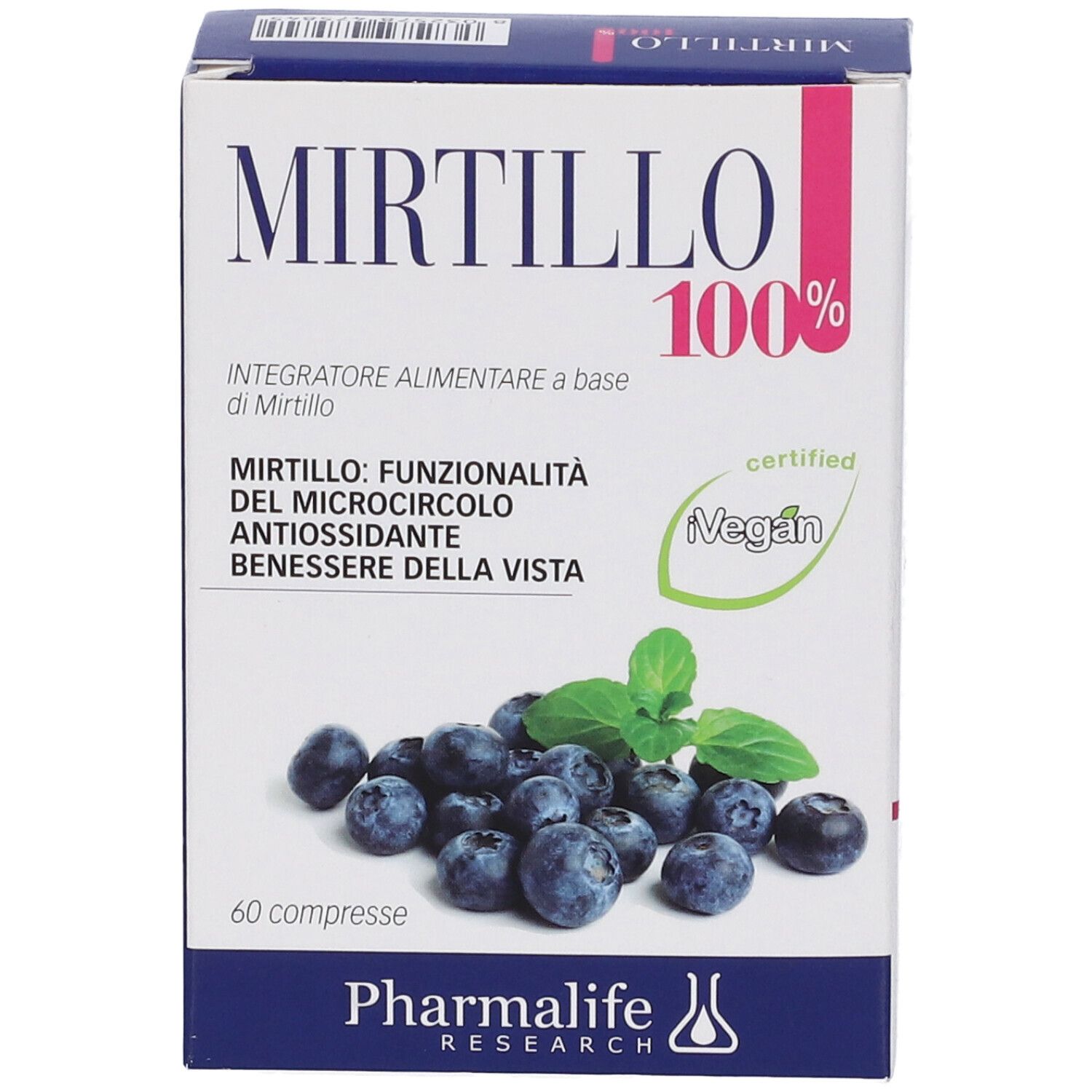 Scatola Mirtillo 100% 60 Compresse. Illustrazione di mirtilli. Testo: 'Integratore alimentare'. Certificazione 'Vegan'. Marchio: Pharmalife Research.