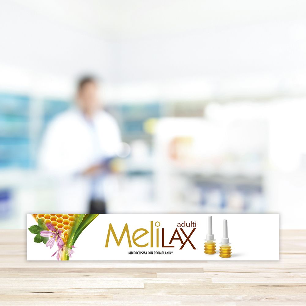 Confezione Melilax Adulti. Logo e nome del prodotto. Due applicatori raffigurati. Logo Aboca.