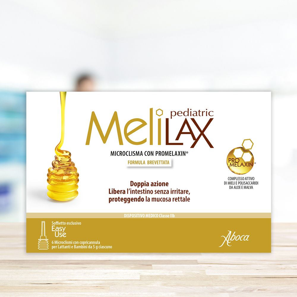 Confezione di Melilax Pediatric. Design dorato con nome e logo del prodotto. Contiene 6 dosi singole. Logo Aboca.