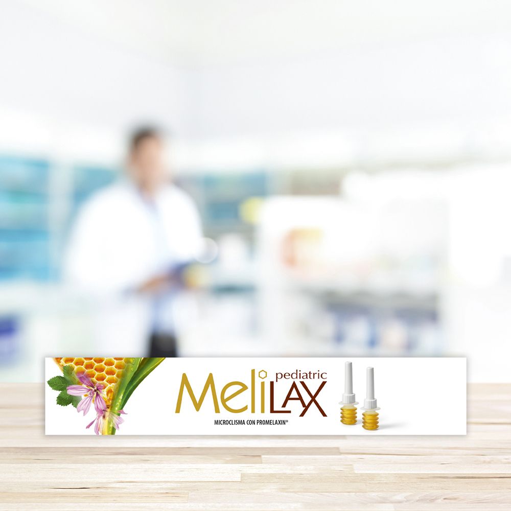 Immagine promozionale per Melilax Pediatric. Mostra il prodotto e il logo. Include due applicatori.