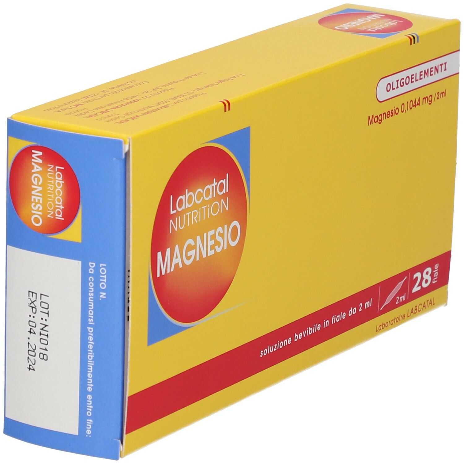 Scatola gialla con logo "Labcatal Nutrition Magnesio". Contiene 28 fiale bevibili. Stampa: "LOT N. EXP: 04.2024".