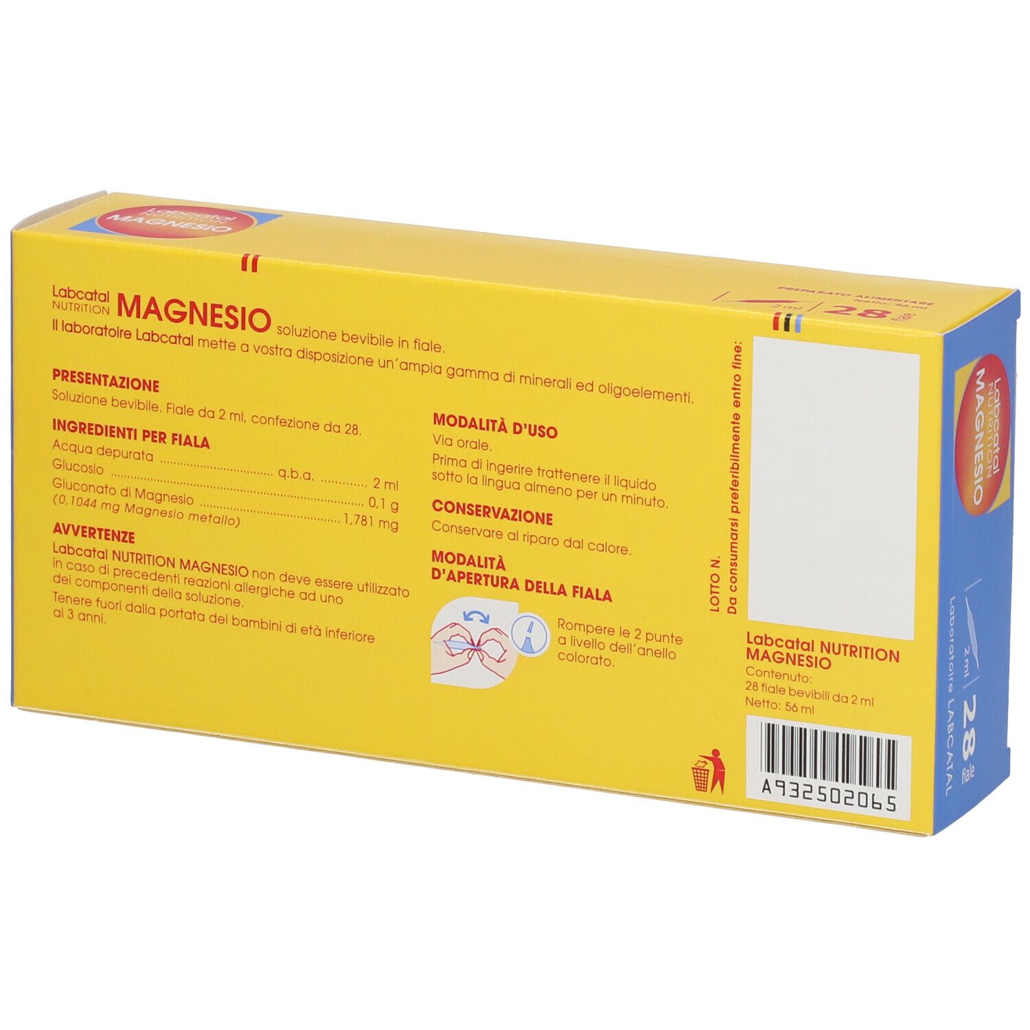 Retro della scatola gialla con informazioni e istruzioni per l'uso. Contiene 28 fiale bevibili. "Labcatal Nutrition Magnesio".