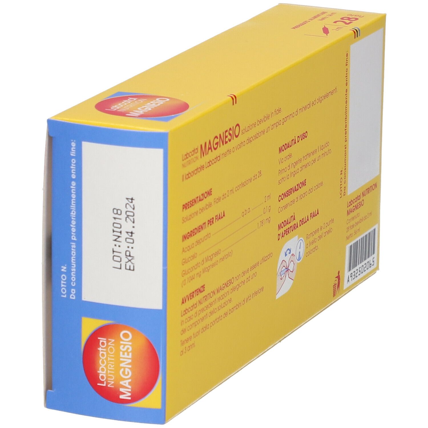 Retro della scatola gialla con informazioni e istruzioni per l'uso. Contiene 28 fiale bevibili. "Labcatal Nutrition Magnesio".