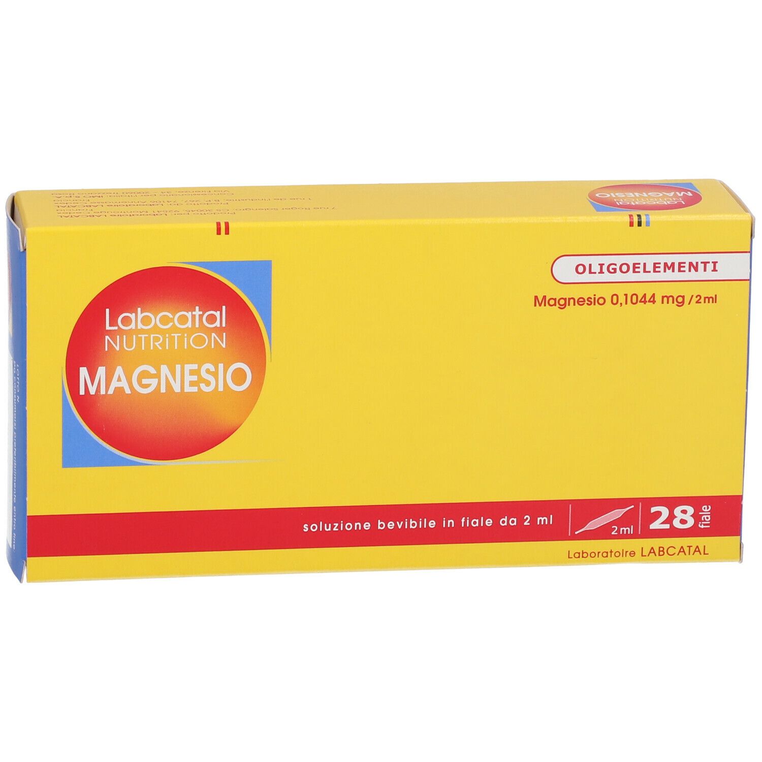 Scatola gialla con logo "Labcatal Nutrition Magnesio". Contiene 28 fiale bevibili. Scritta: "Oligoelments".